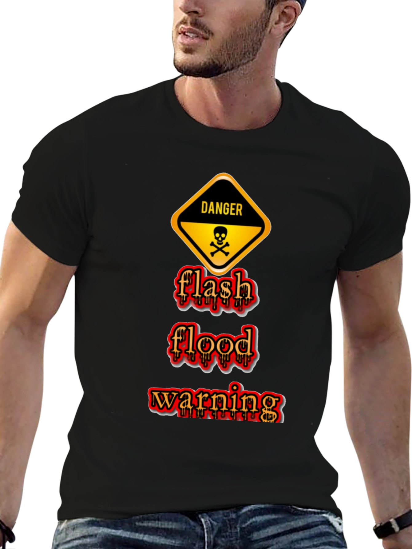 Black Danger Flash Flood Warning Graphic T-Shirt view 6