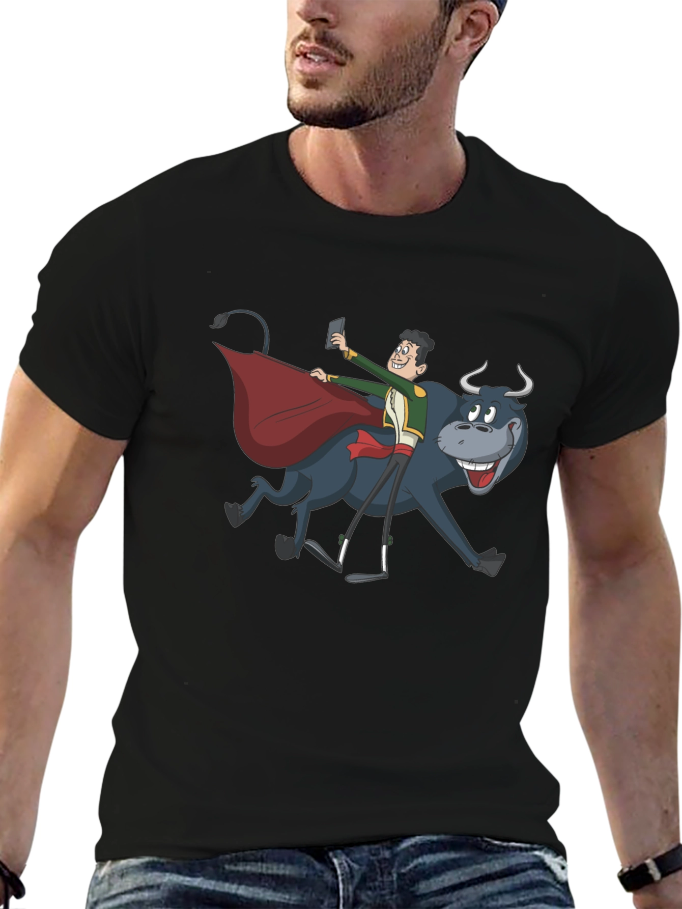 Black Funny Bull Selfie T-Shirt view 6