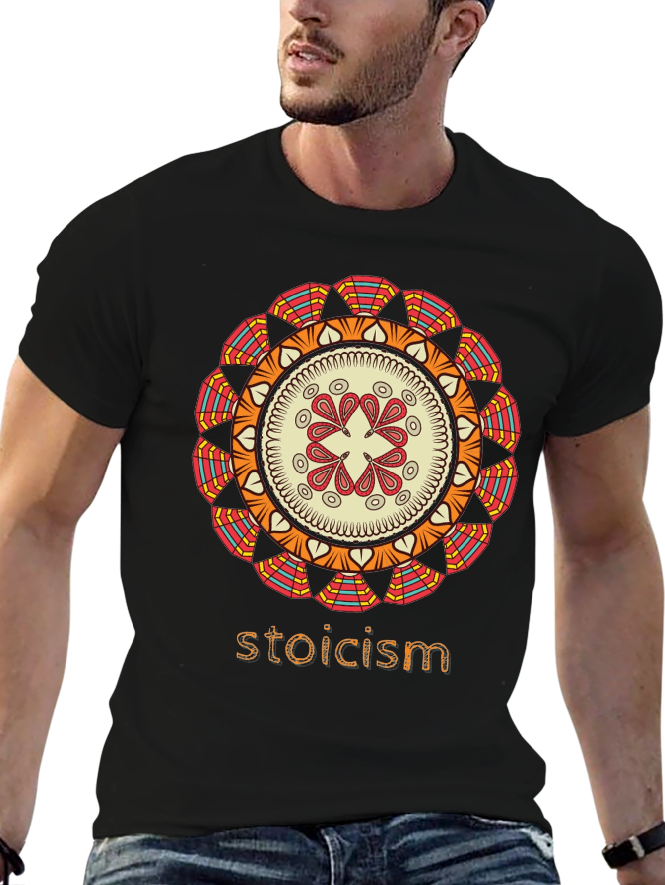 Black Stoicism Mandala Graphic T-Shirt - Stylish Unisex Tee view 6
