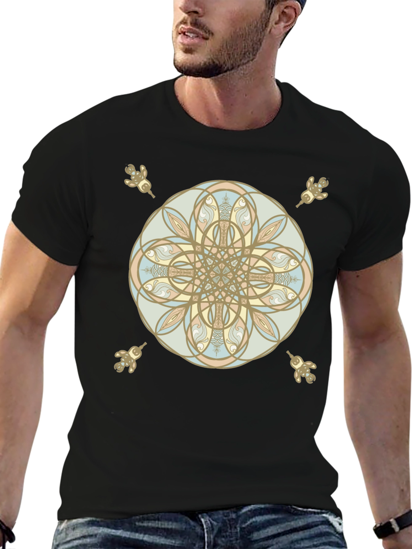 Black Mandala Art Graphic Print Men's Black T-Shirt view 6