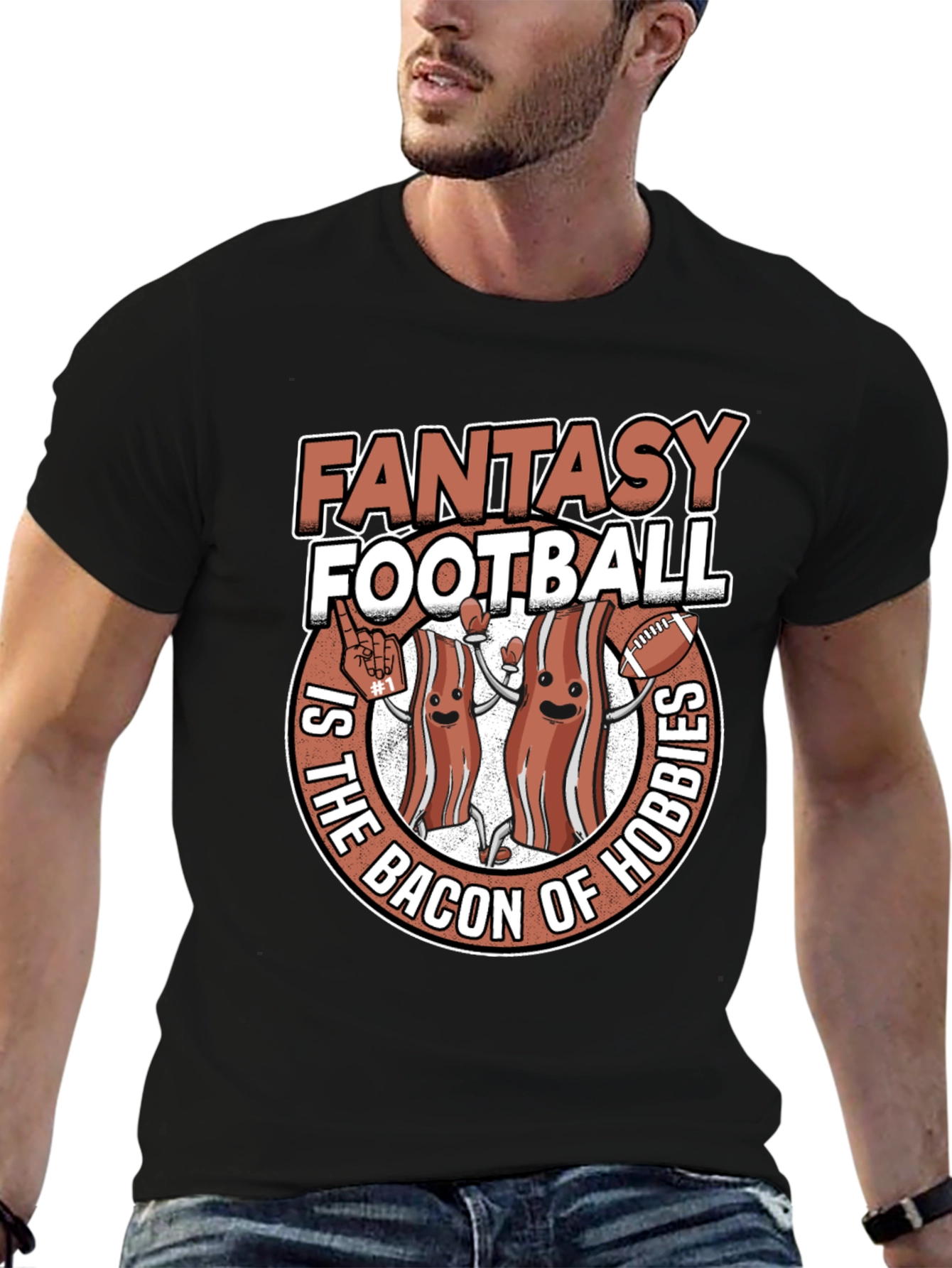 Black Fantasy Football Bacon T-Shirt view 6