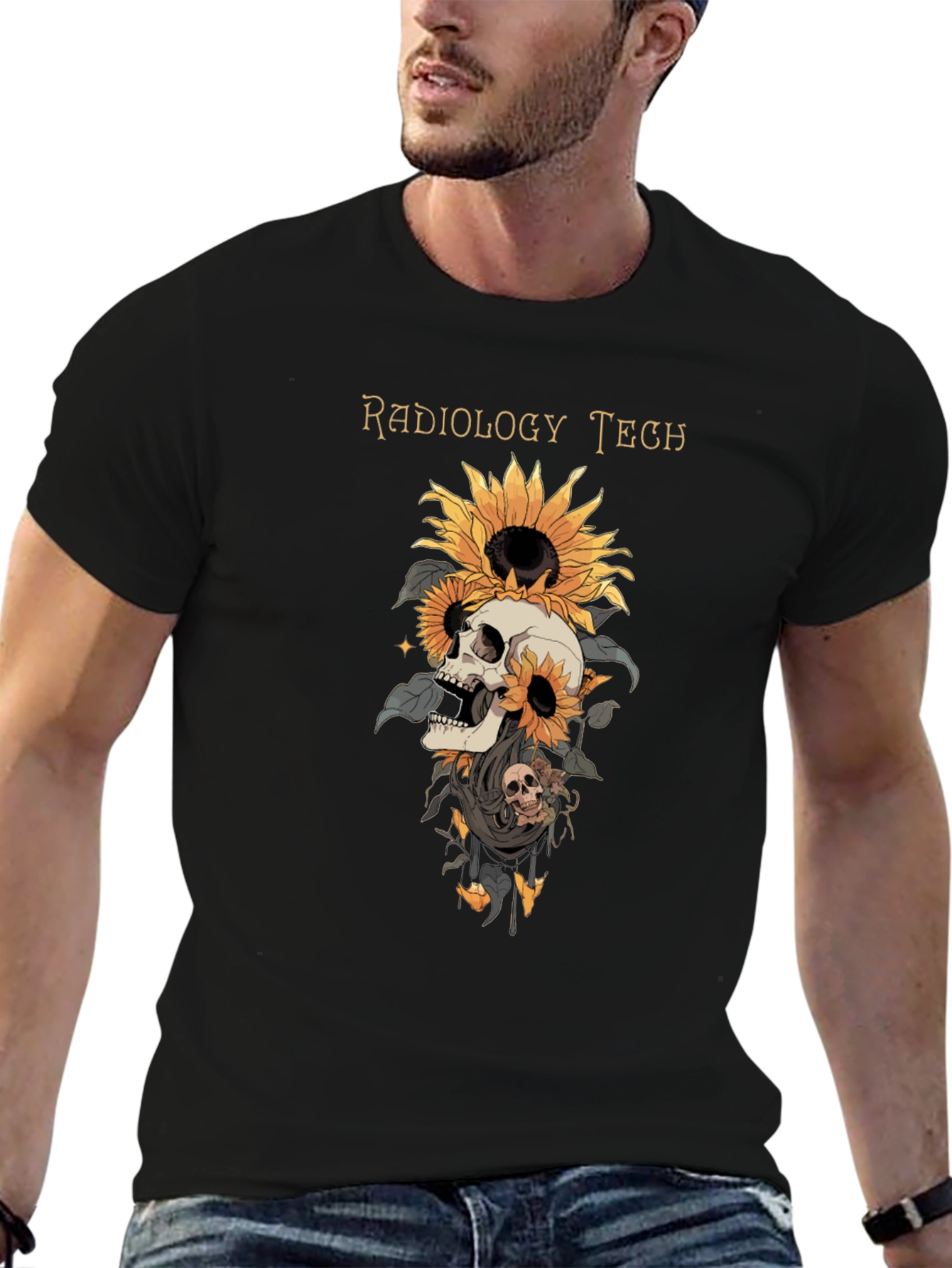 Black Radiology Tech Skull Sunflower Graphic Tee view 6