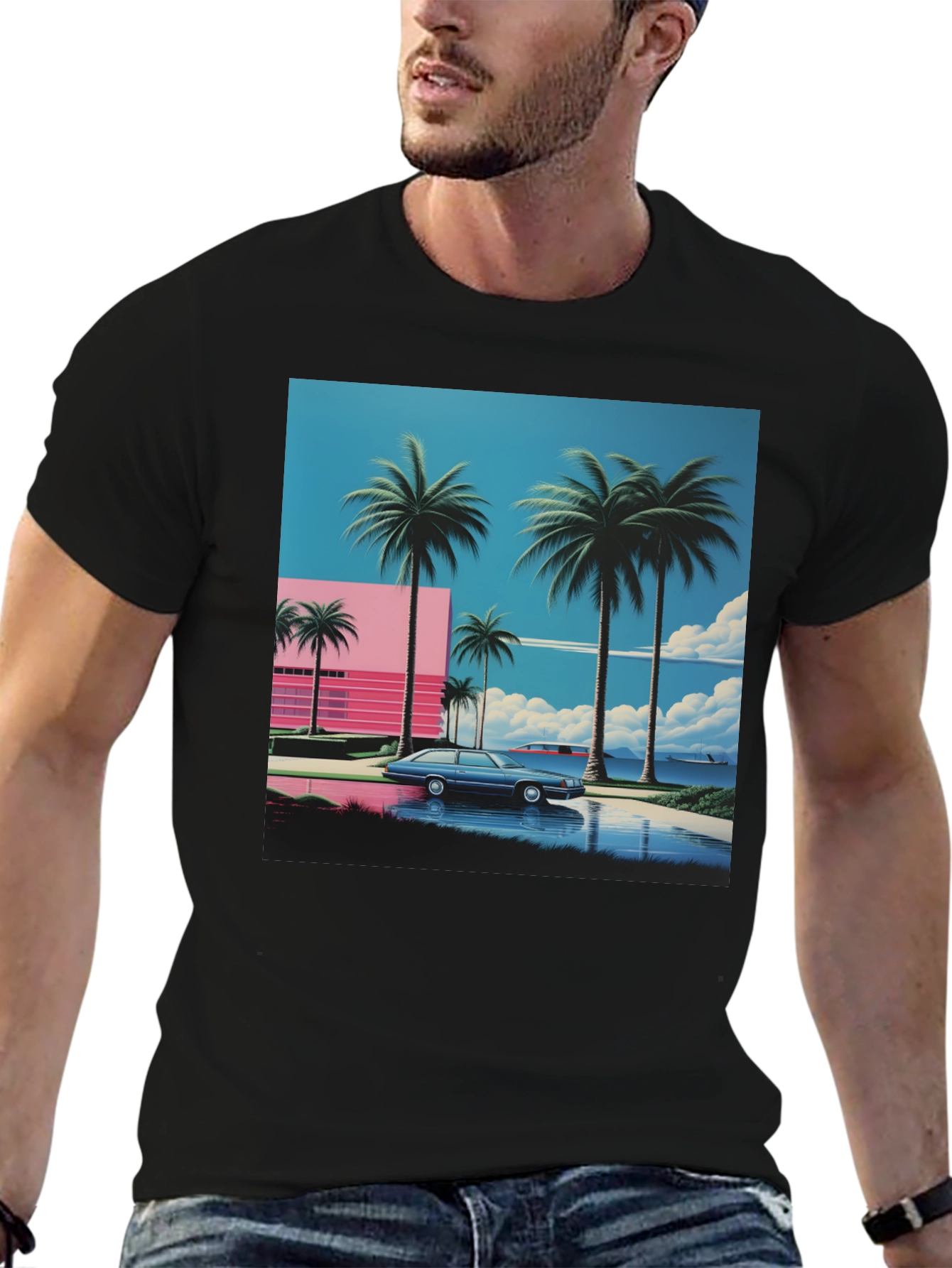 Black Miami Vice Style T-Shirt, Retro Car & Palms view 6
