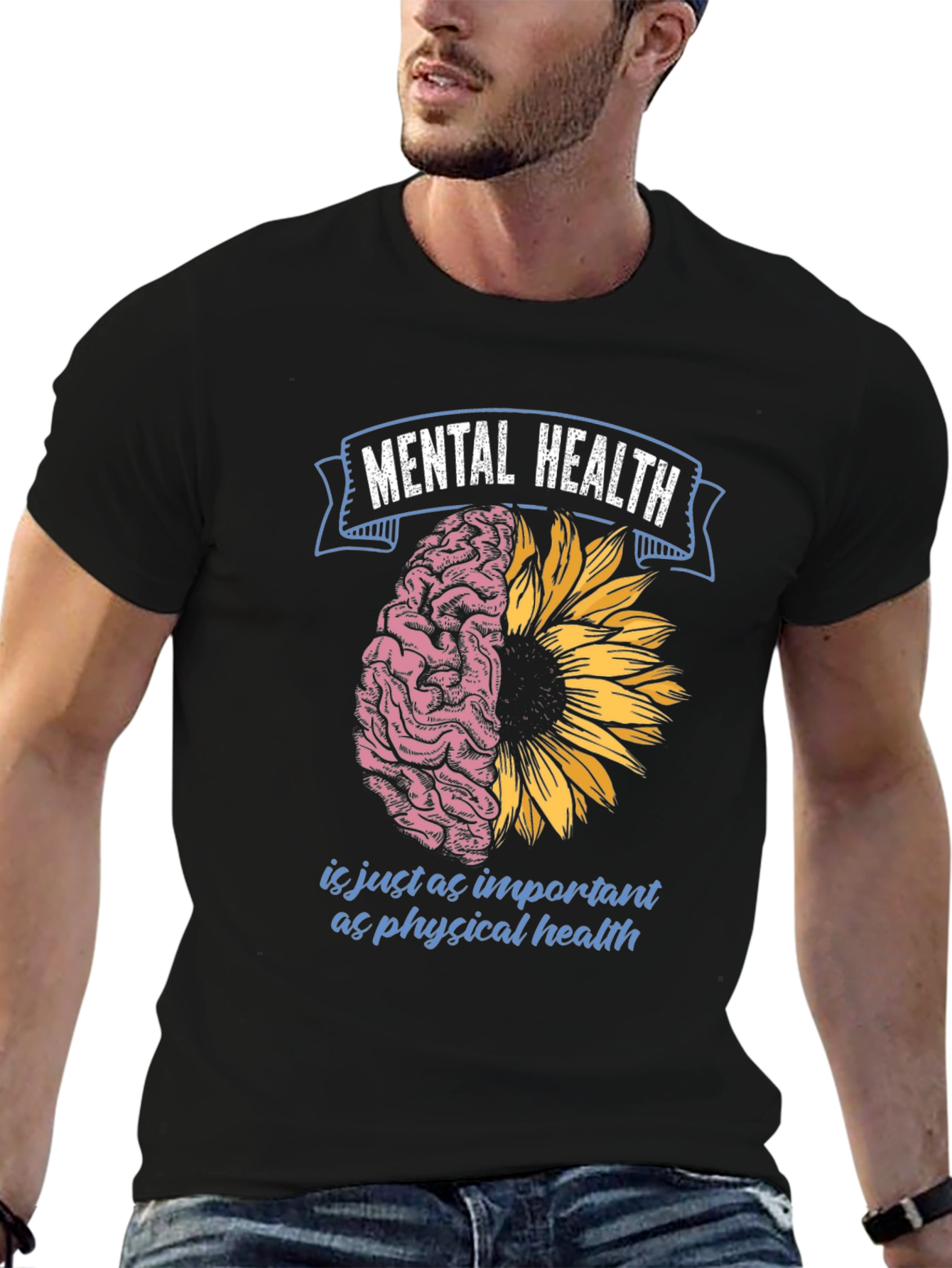 Black Mental Health T-Shirt: Brain & Sunflower Design view 6