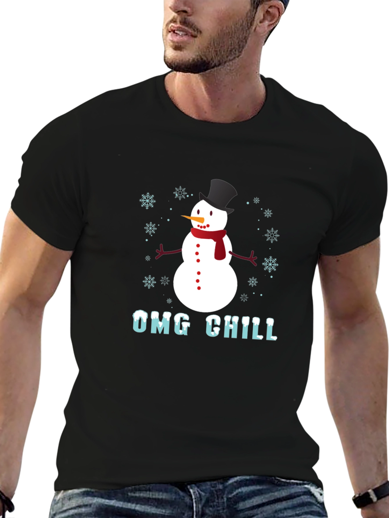 Black OMG Chill Snowman Graphic Tee - Winter Holiday Shirt view 6