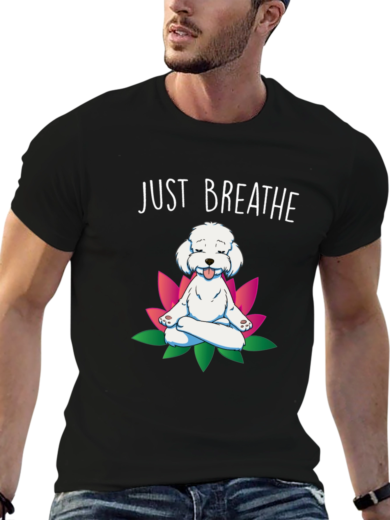 Black Just Breathe Dog Meditation T-Shirt view 6