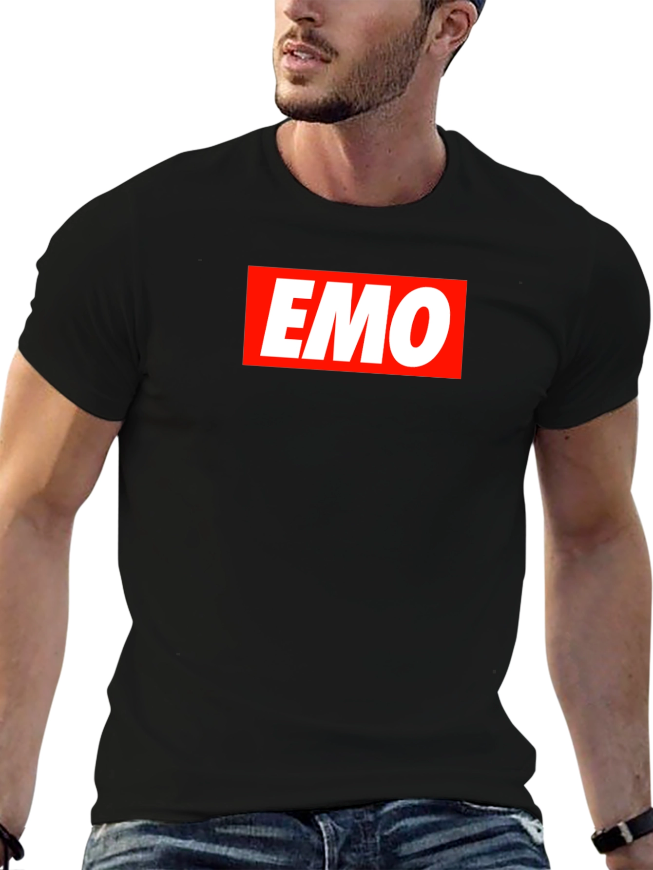 Black Emo T-Shirt - Classic Red and White Logo Design view 6