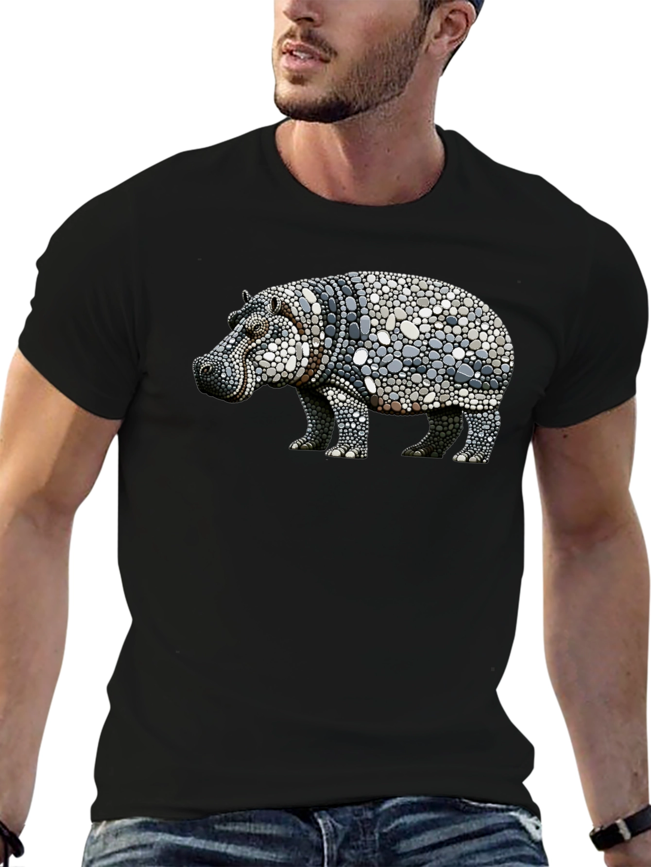 Black Hippo Pebble Art Graphic Tee - Black Cotton Shirt view 6