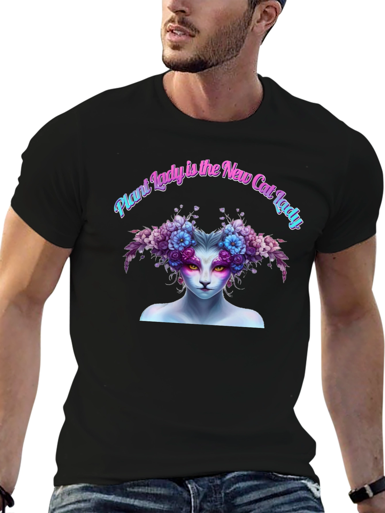 Black Plant Lady Cat T-Shirt - Unique Floral Design view 6