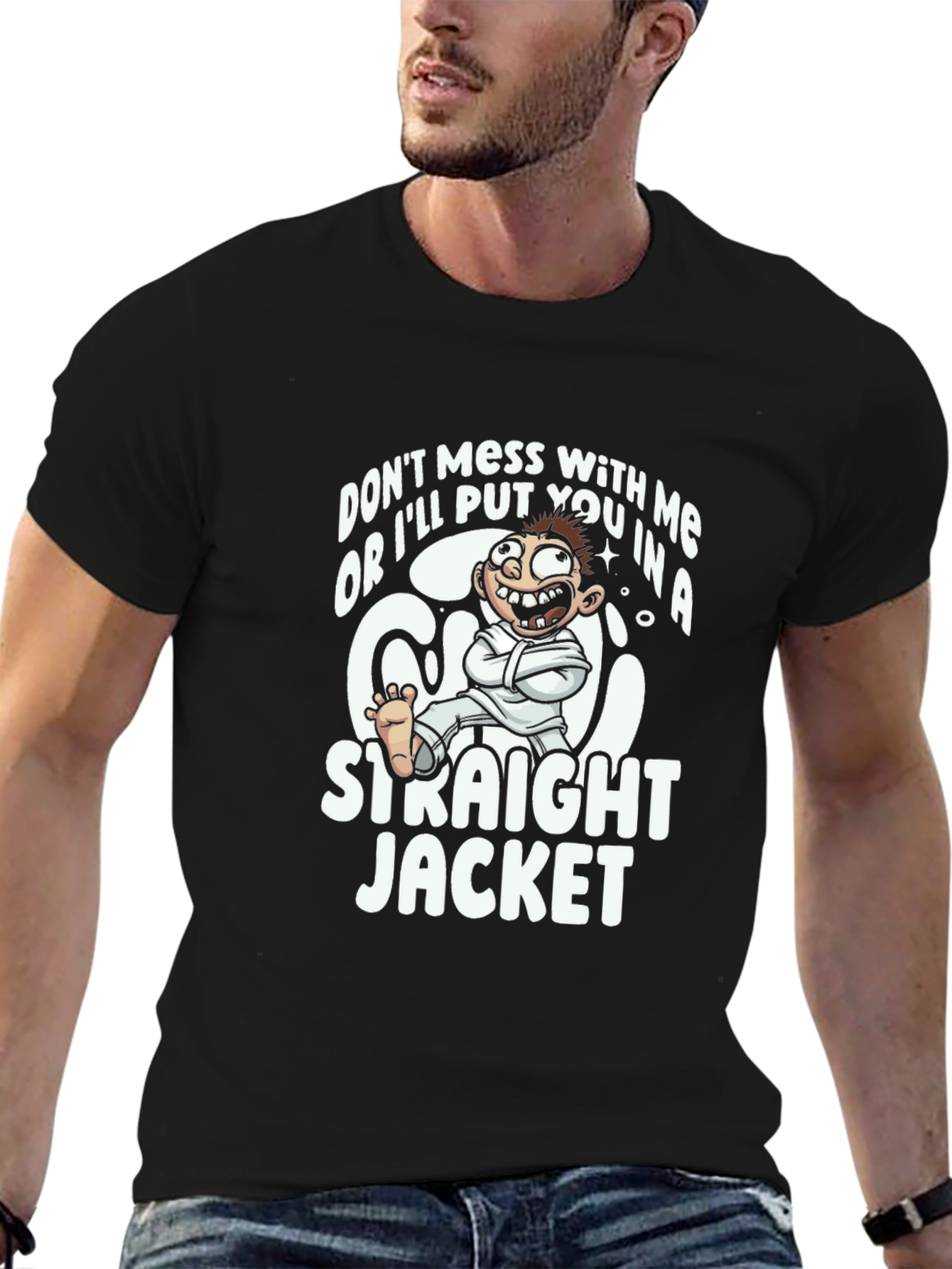 Black Funny Straight Jacket Cartoon Graphic T-Shirt view 6