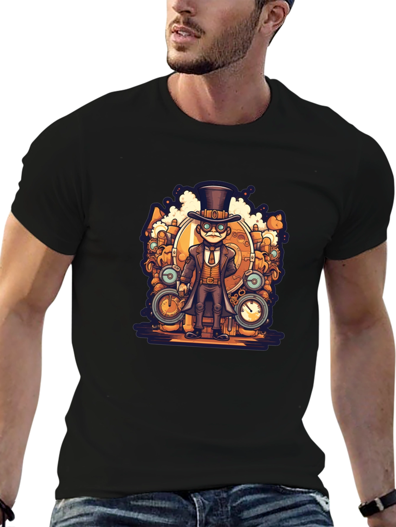Black Steampunk Cartoon Black T-Shirt view 6