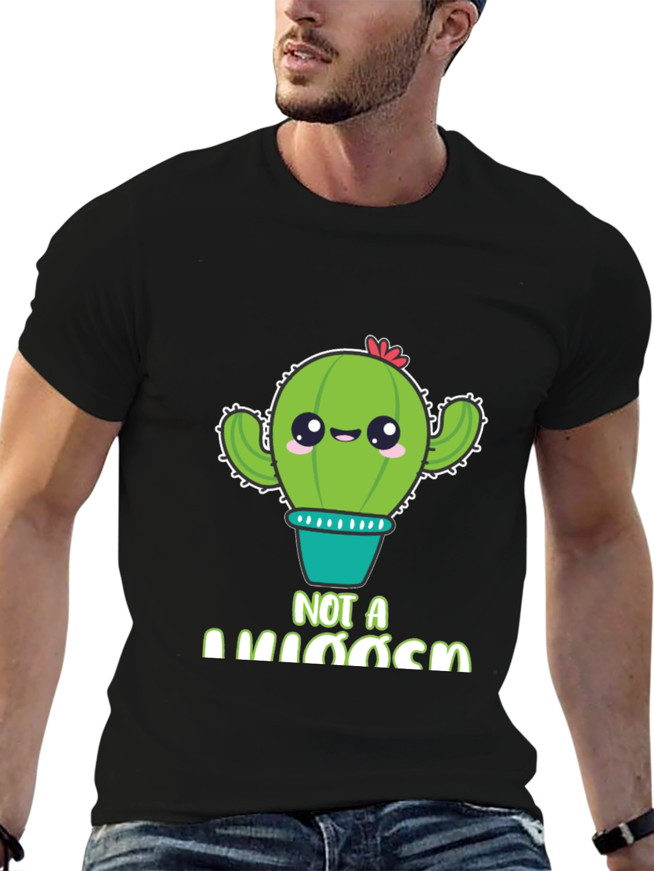 Black Cute Cactus Pun T-Shirt - "Not A Hugger" Graphic Tee view 6