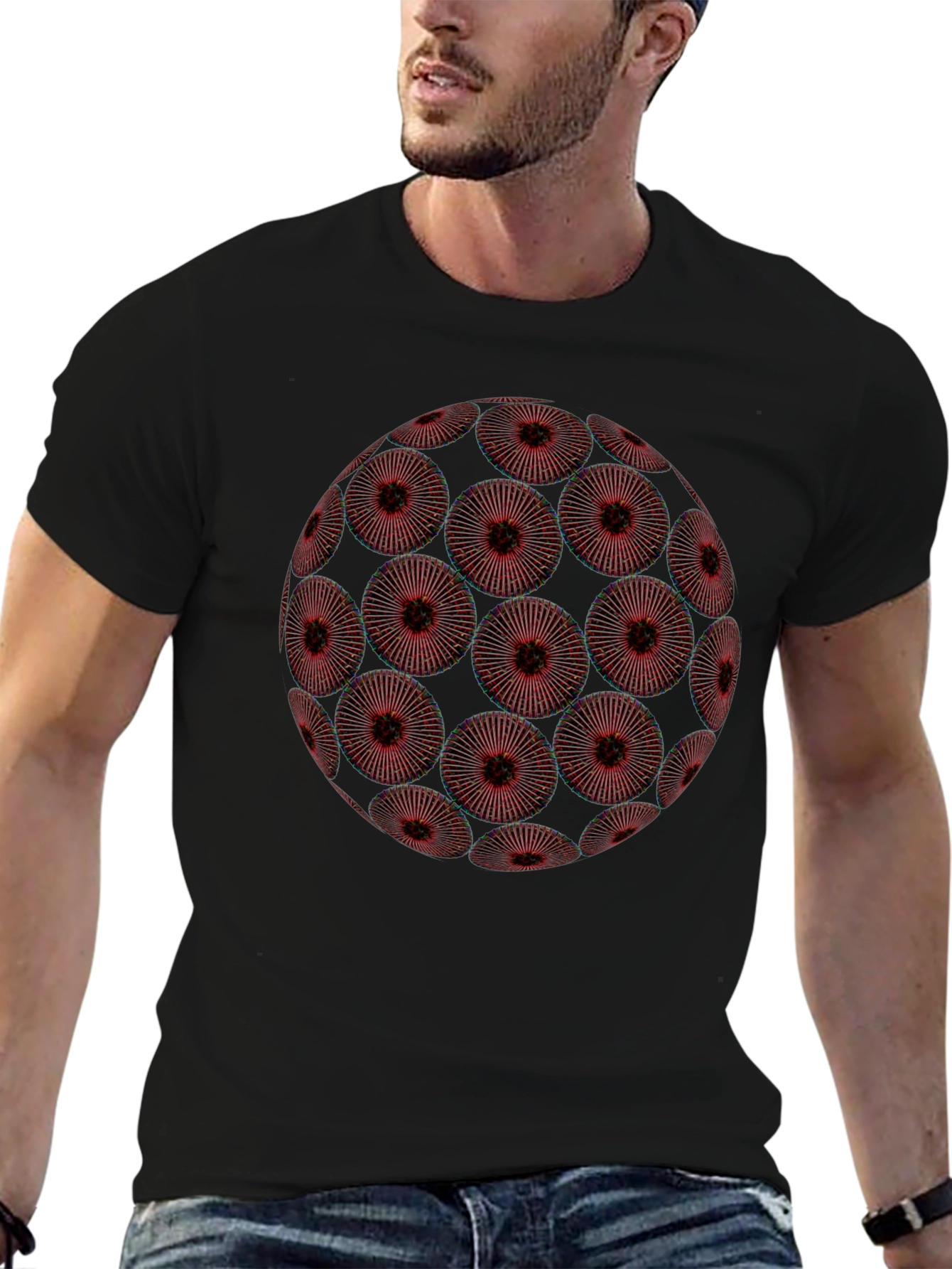 Black Abstract Red Floral Orb Graphic Black T-Shirt view 6