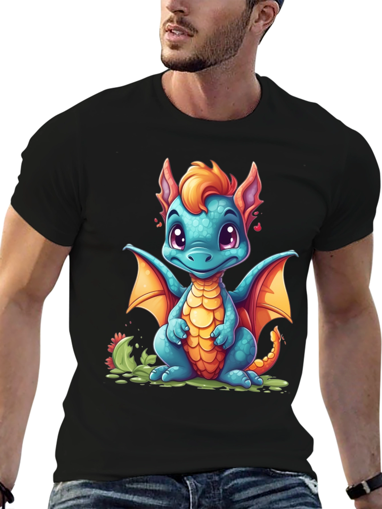 Black Cute Cartoon Dragon Graphic T-Shirt view 6