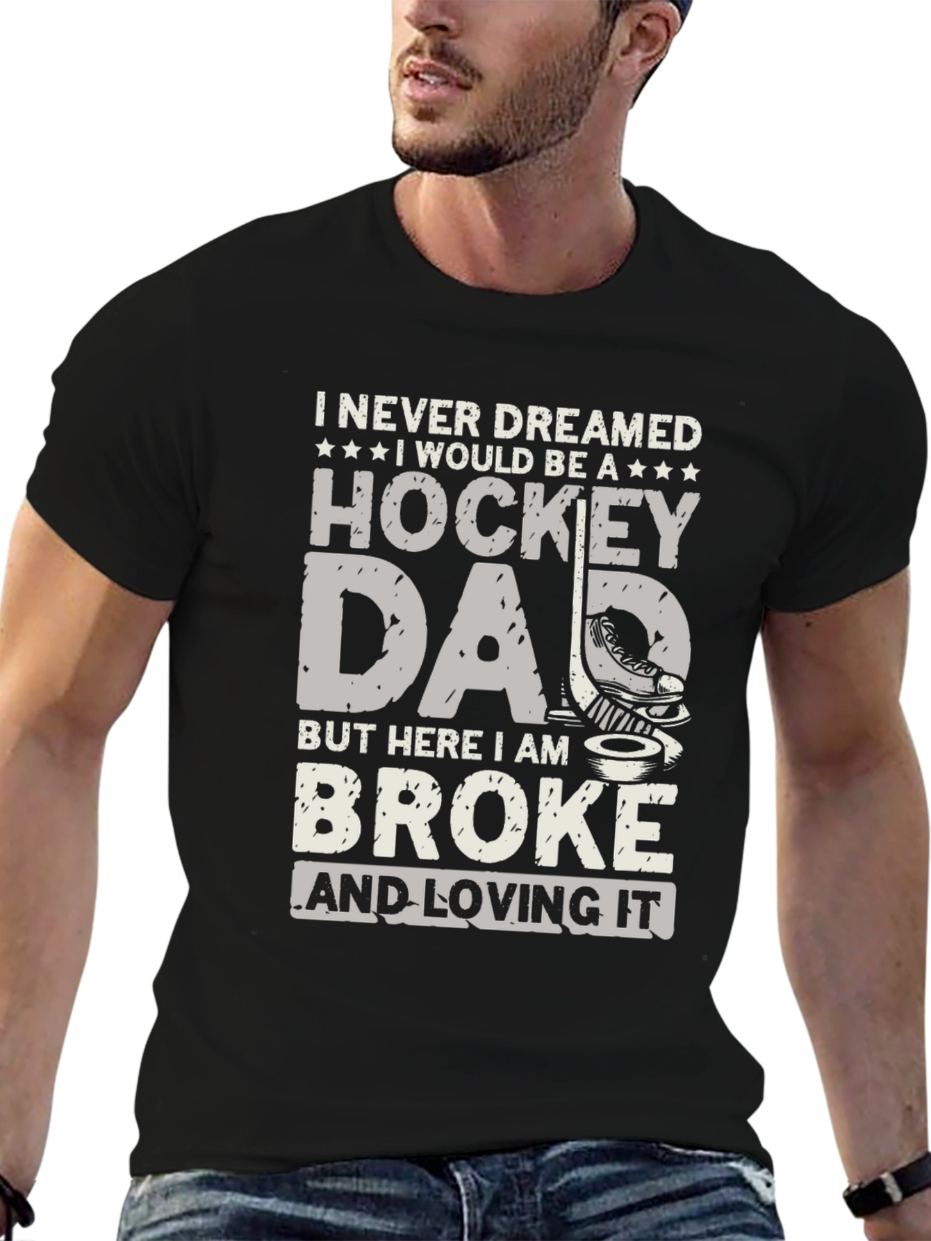 Black Hockey Dad T-Shirt - Broke and Loving It view 6