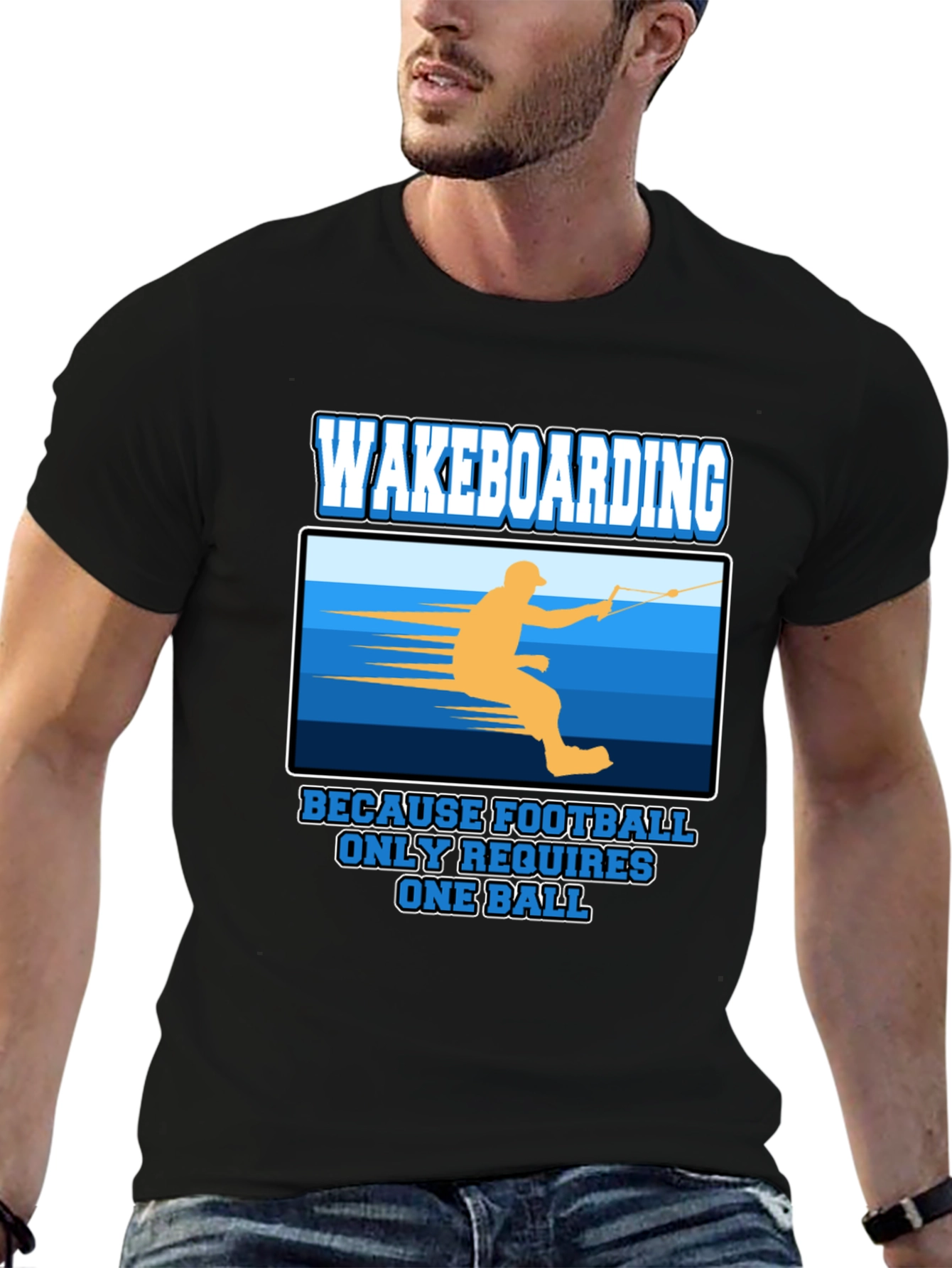 Black Wakeboarding T-Shirt: Because Football Only Requires One Ball view 6
