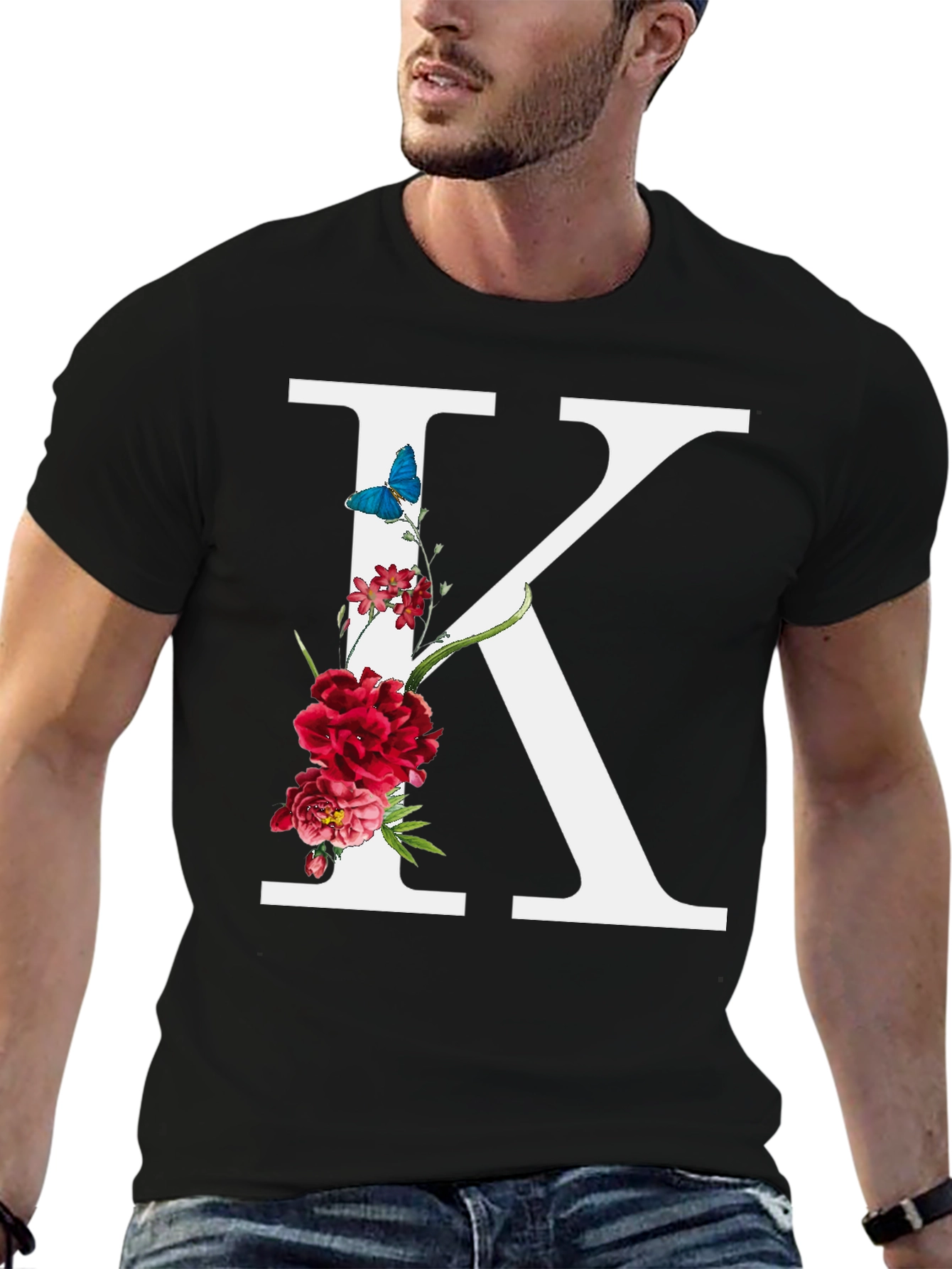 Black Floral Letter K Black T-Shirt view 6