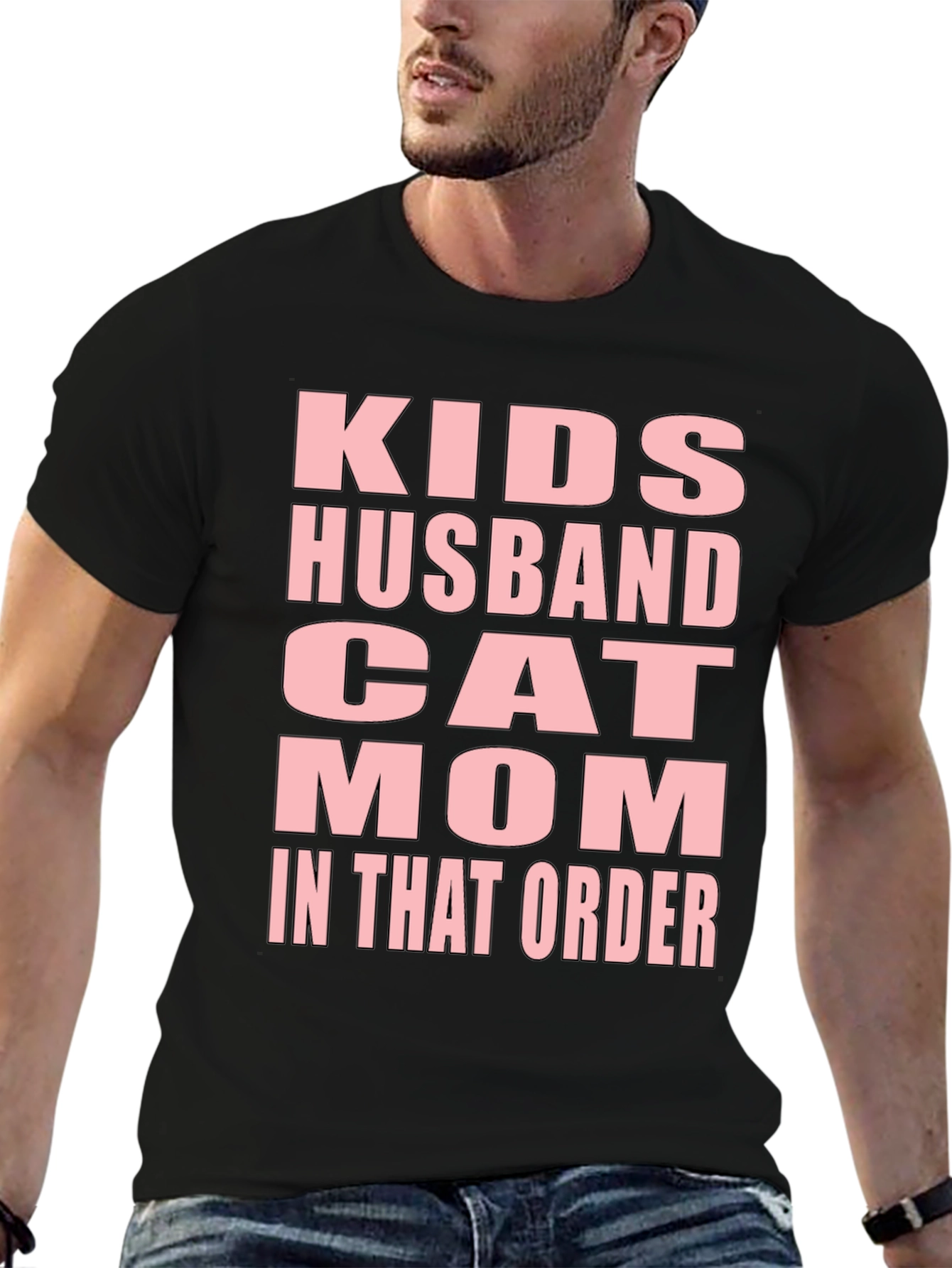 Black Funny "Kids Husband Cat Mom" Black T-Shirt view 6
