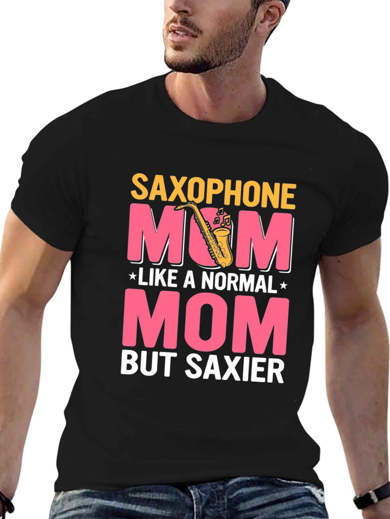 Black Saxophone Mom T-Shirt: Normal Mom But Saxier Tee view 6