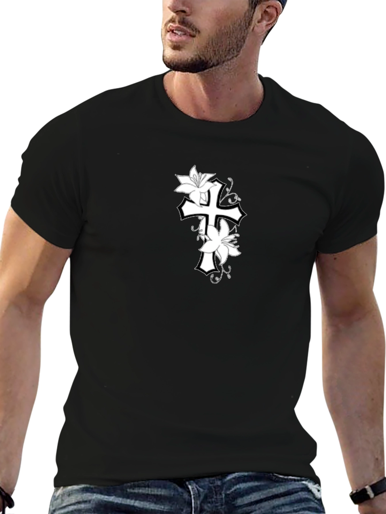 Black Floral Cross Graphic Black T-Shirt view 6