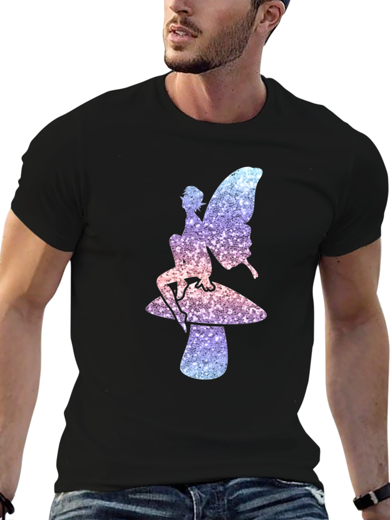 Black Fairy on Mushroom Black T-Shirt view 6