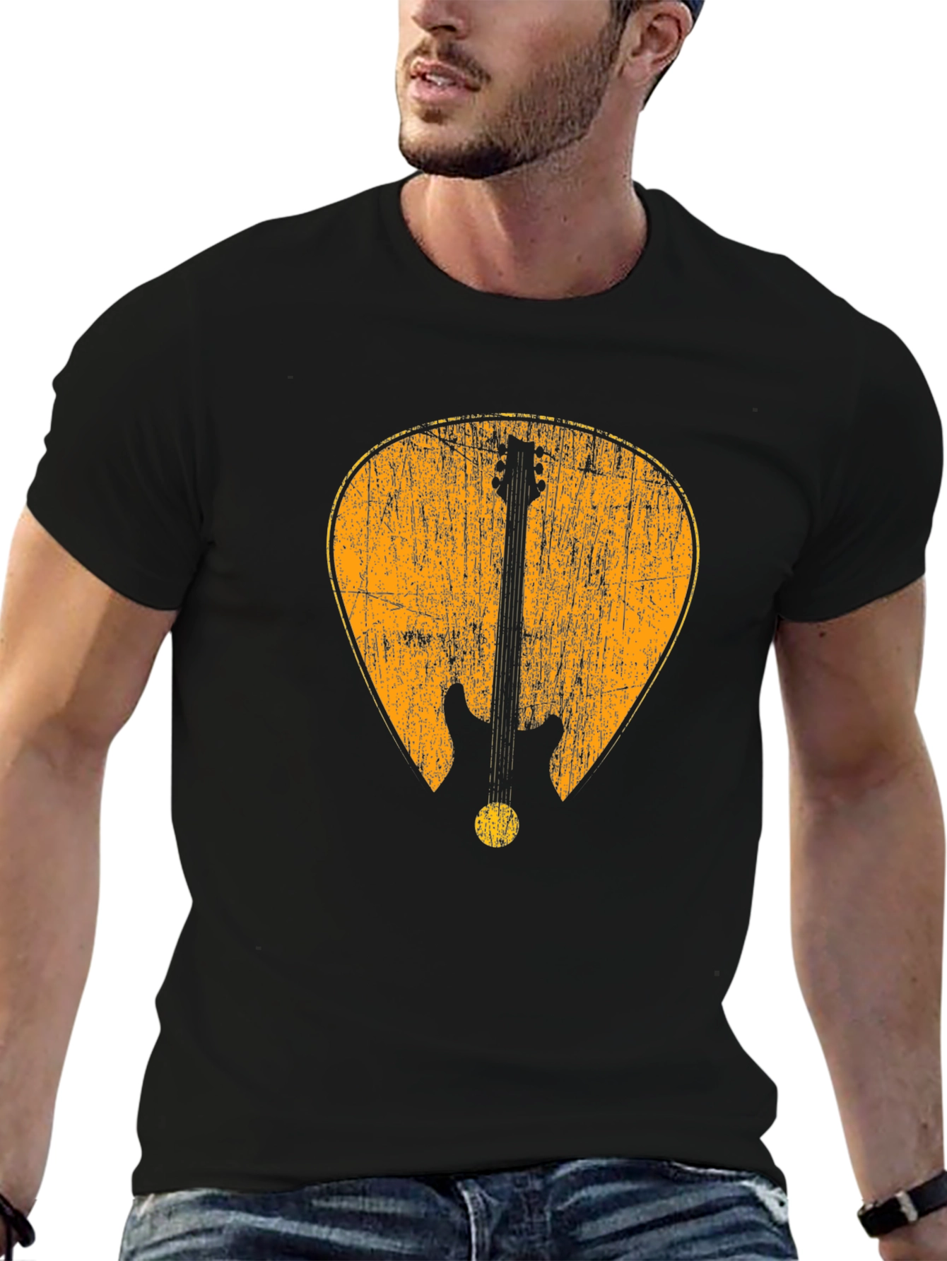 Black Vintage Guitar Pick Graphic Tee - Black Cotton view 6