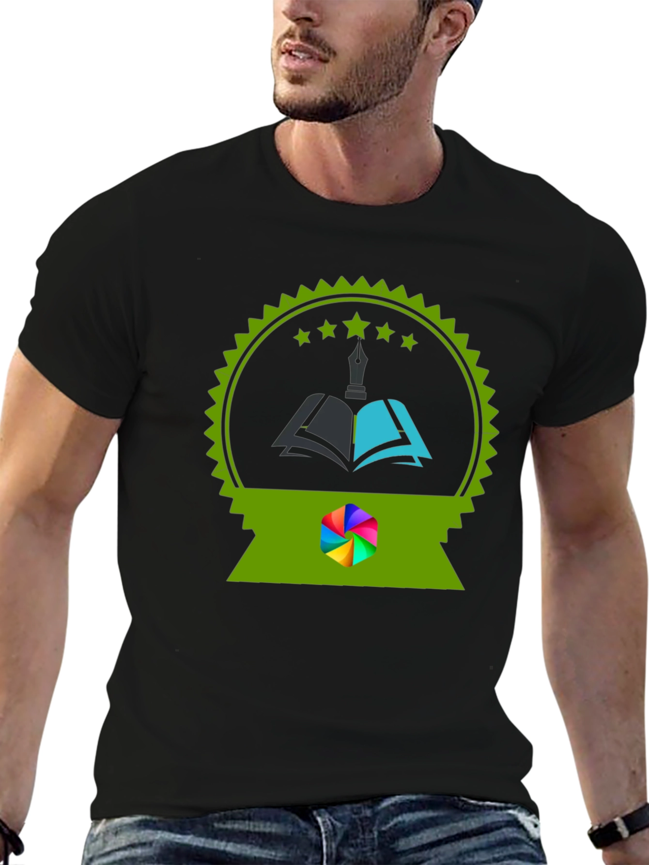 Black Stylish Black Tee with Unique Book & Quill Graphic view 6