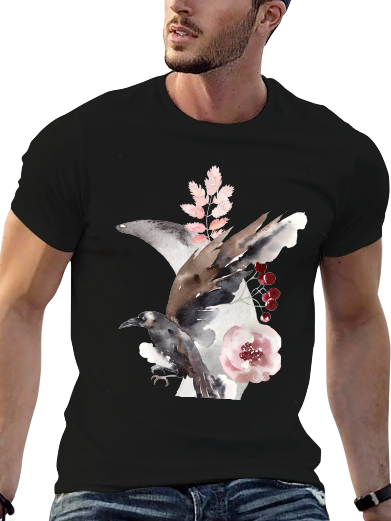 Black Raven & Floral Watercolor Tee view 6