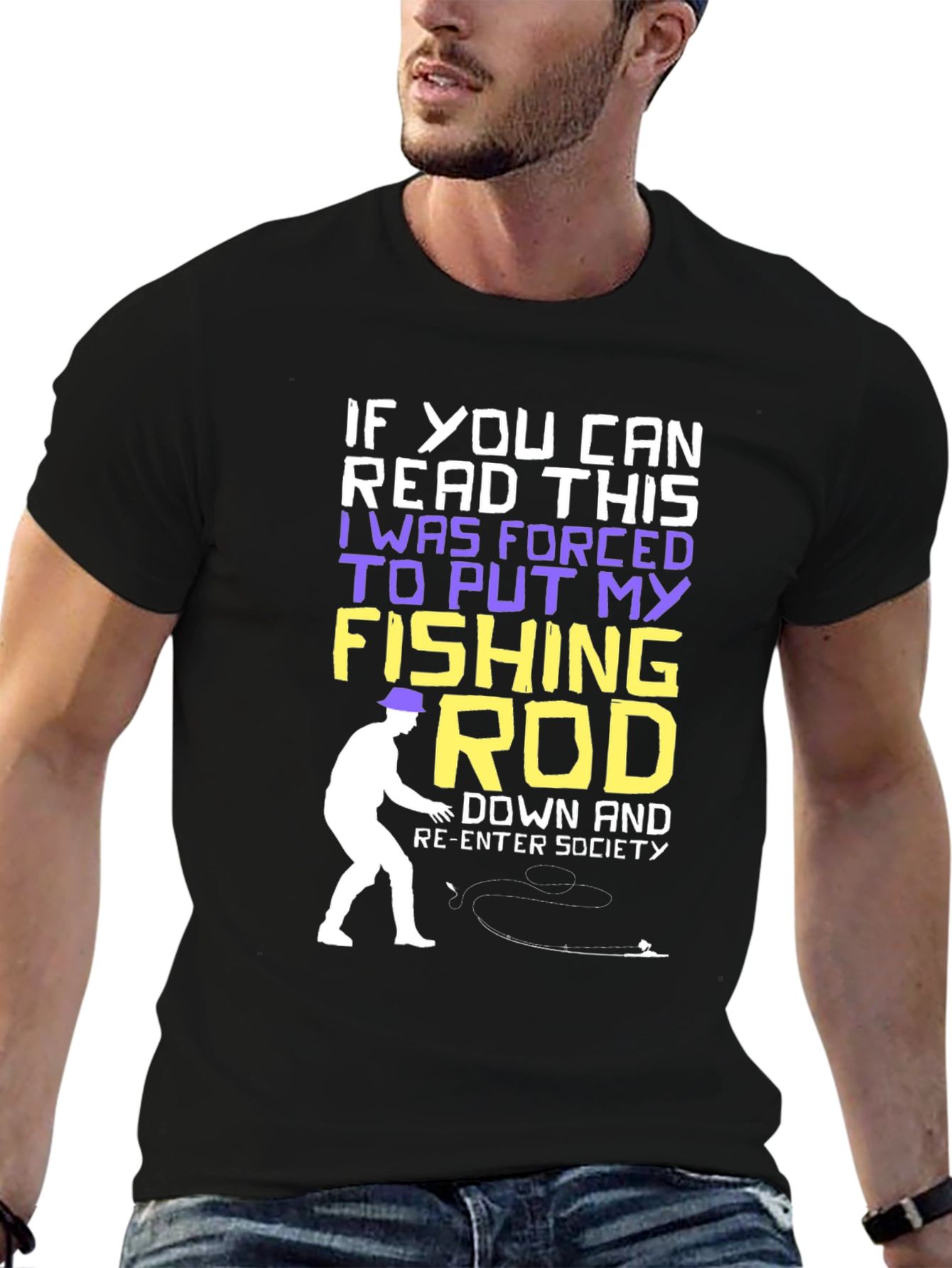 Black Fishing Rod T-Shirt - Forced to Re-Enter Society Humor Tee view 6