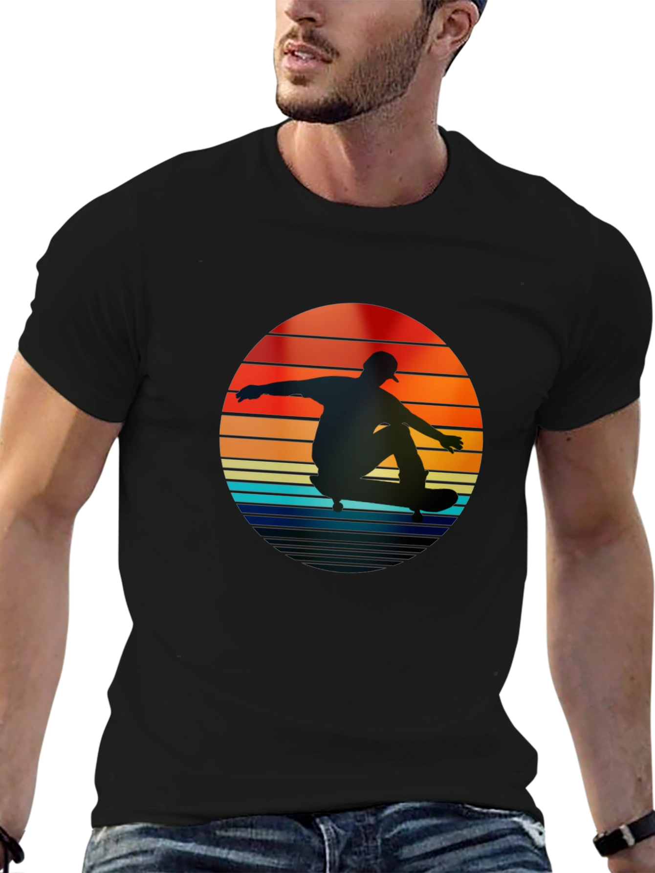 Black Retro Skateboarder Sunset T-Shirt view 6