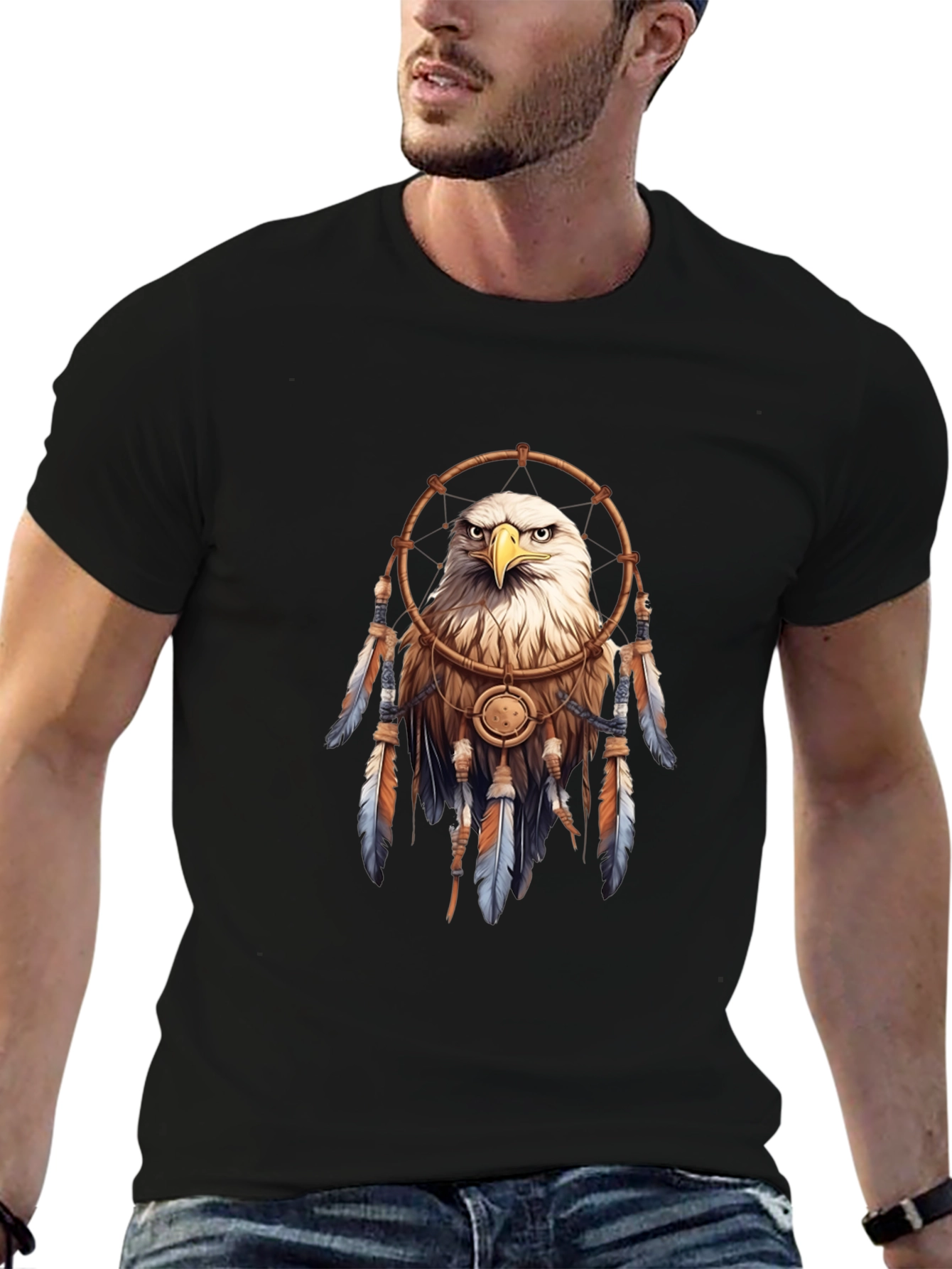 Black Eagle Dreamcatcher Graphic Tee - Black Casual T-Shirt view 6