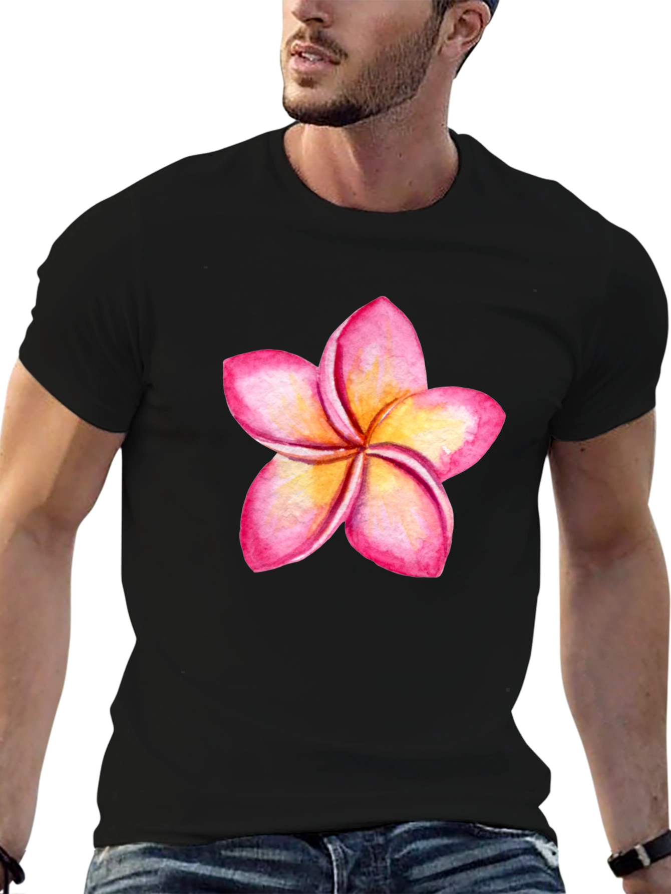Black Tropical Plumeria Flower Graphic Tee view 6