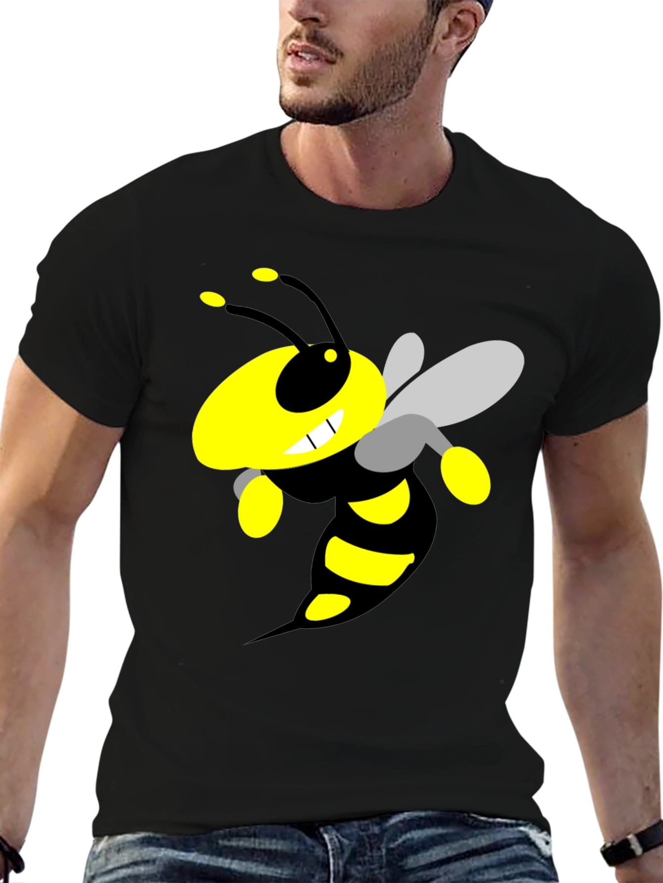 Black Cartoon Bee Graphic Black T-Shirt view 6