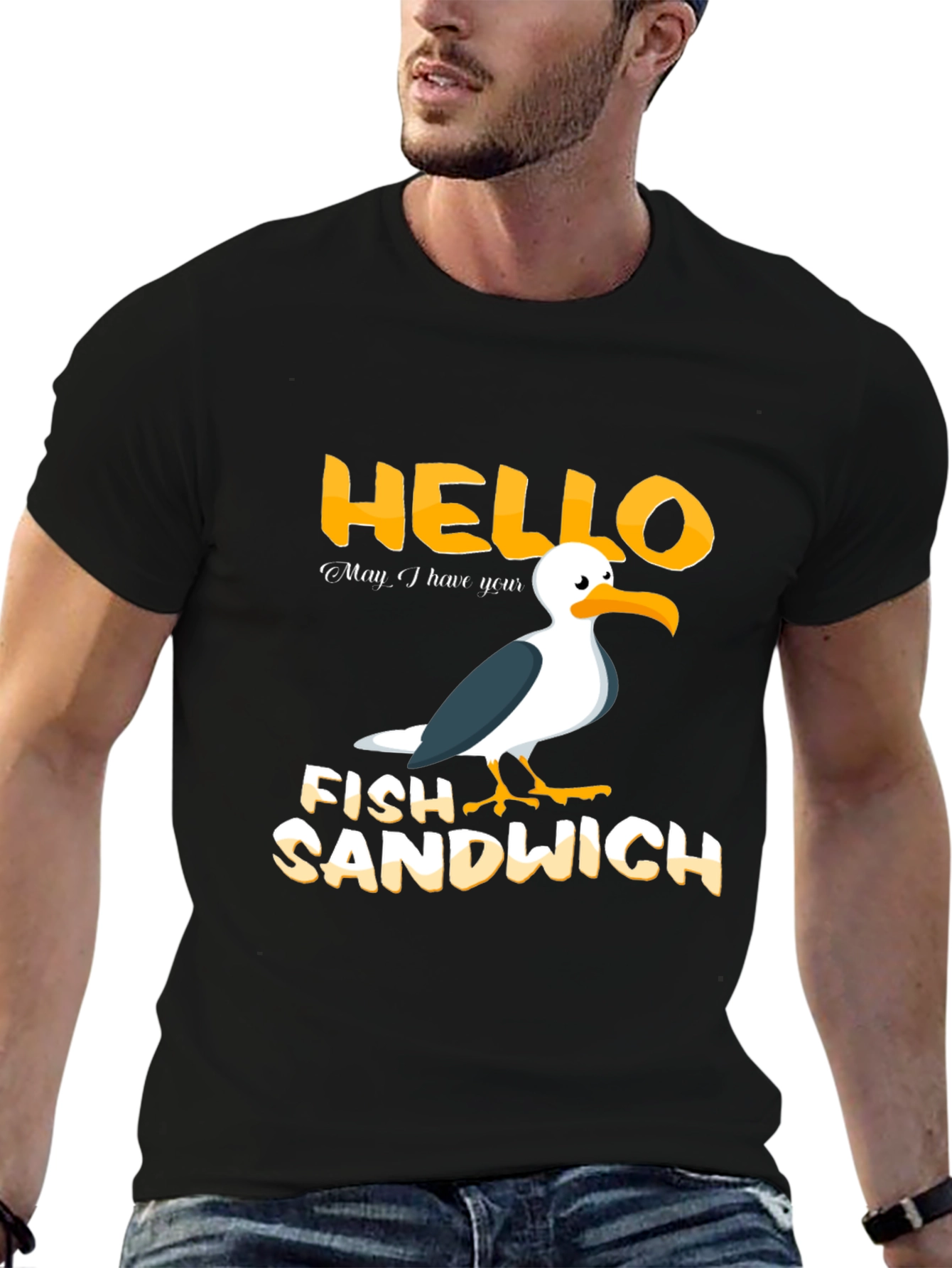 Black Hello Fish Sandwich T-Shirt Funny Seagull Humor Tee view 6