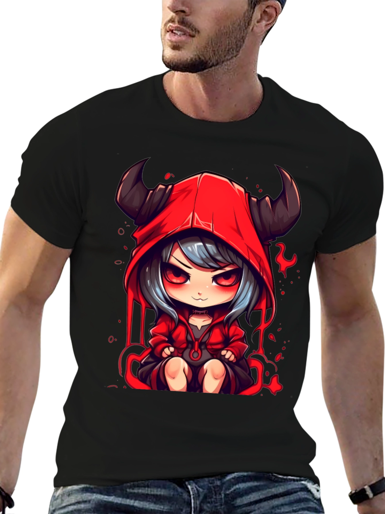 Black Anime Devil Girl Graphic Tee - Black Cotton T-Shirt view 6