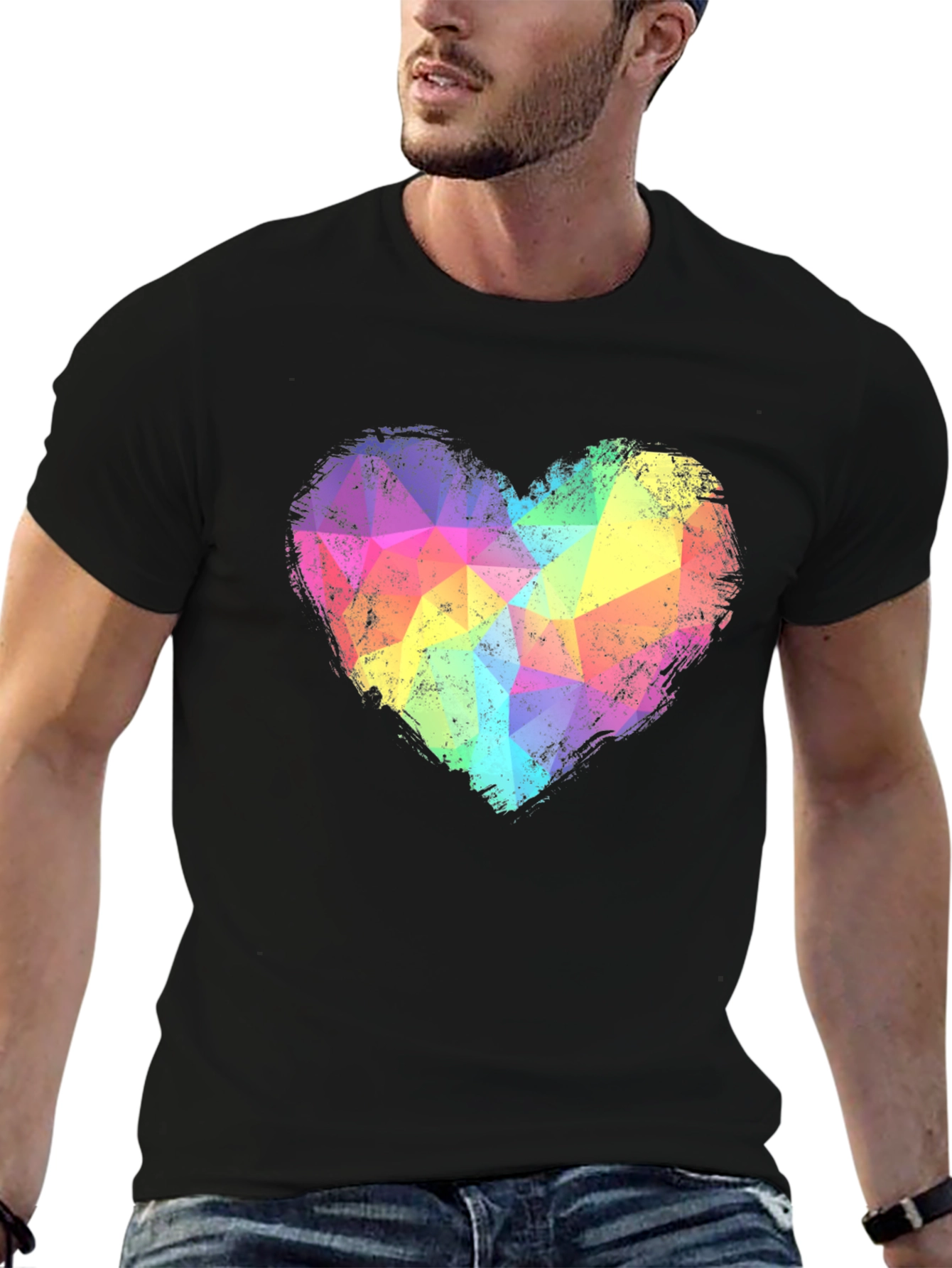 Black Rainbow Geometric Heart Graphic Tee - Black view 6