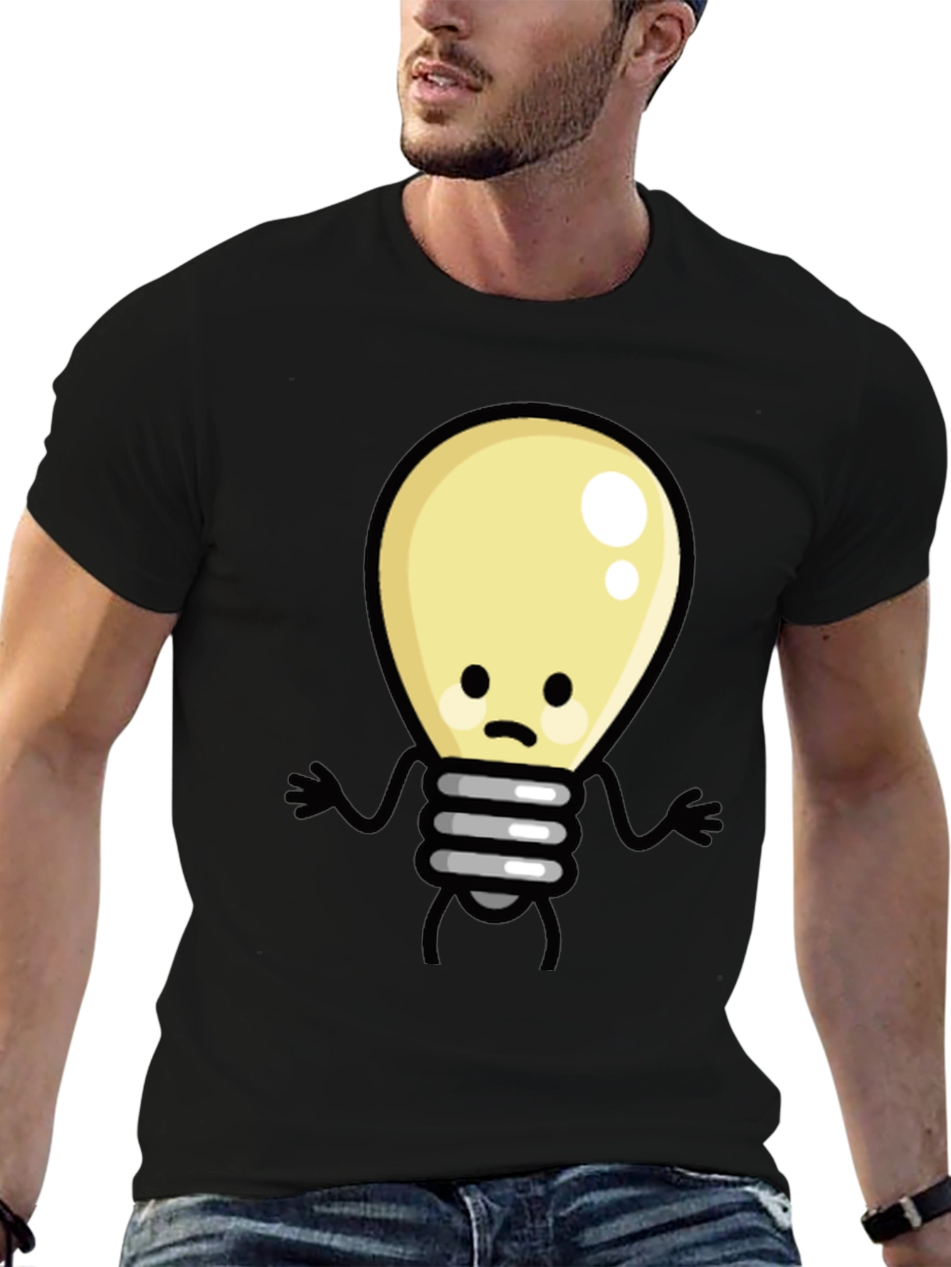 Black Funny Cartoon Light Bulb Black T-Shirt view 6