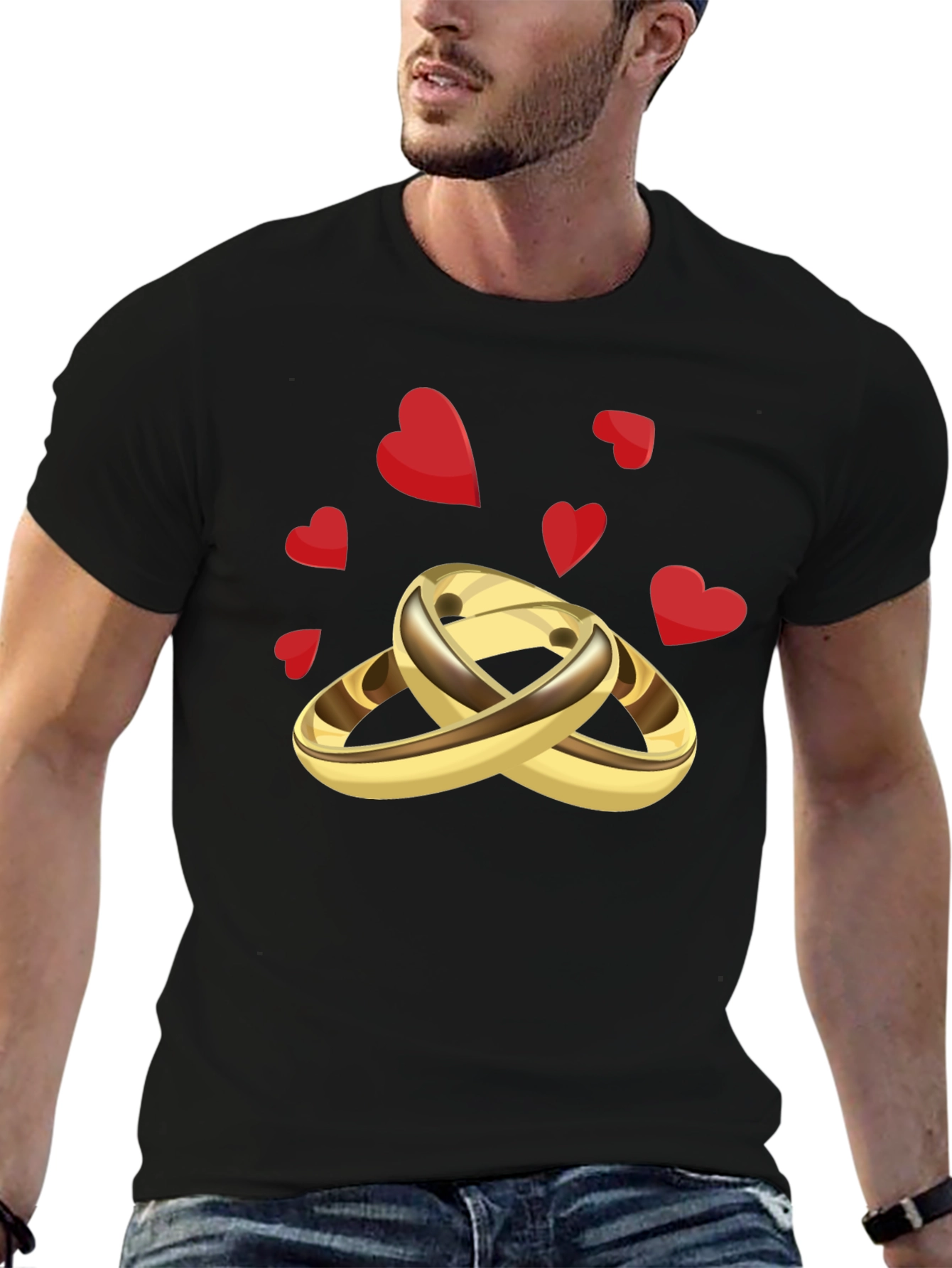 Black Golden Wedding Rings & Hearts Graphic Tee - Stylish & Unique view 6