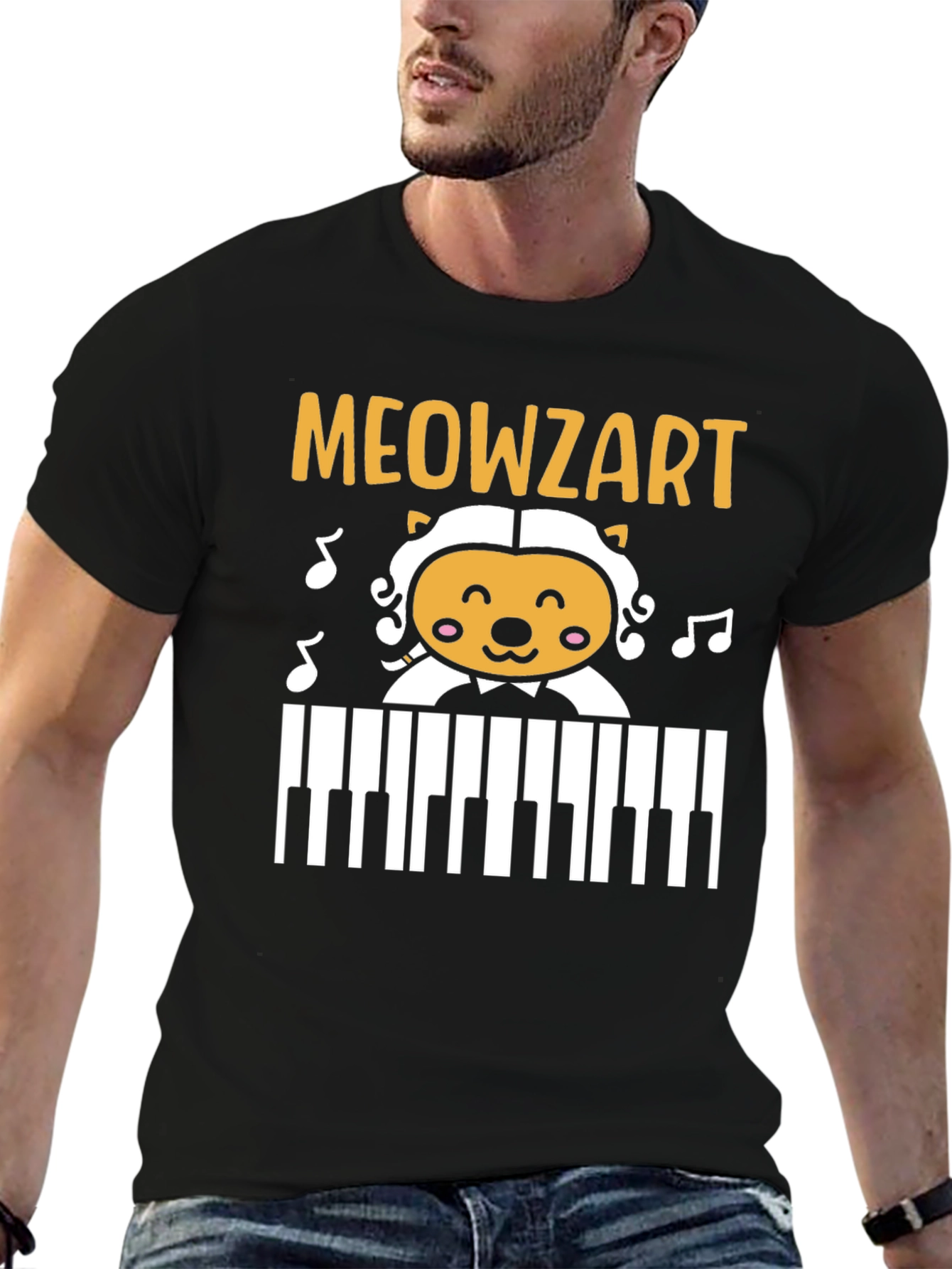Black Meowzart Cat Piano T-Shirt - Music Lover Tee view 6