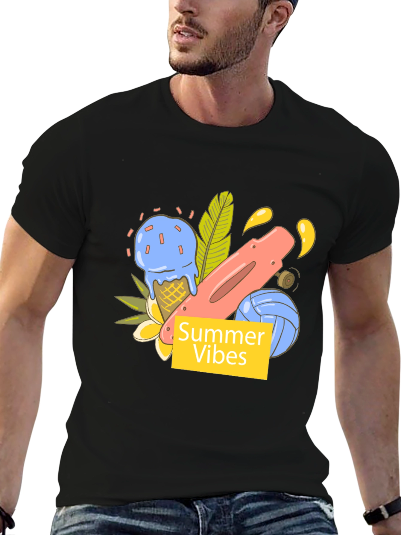 Black Summer Vibes Graphic Tee - Black Cotton T-Shirt view 6