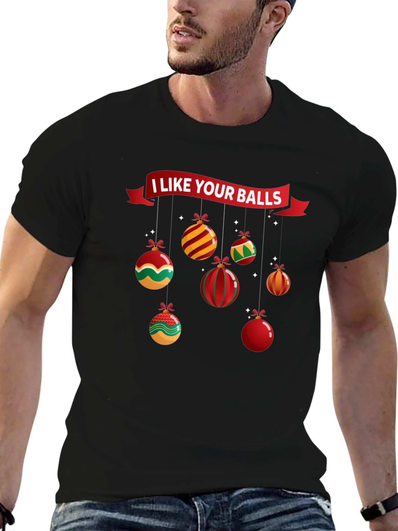 Black I Like Your Balls Christmas T-Shirt view 6