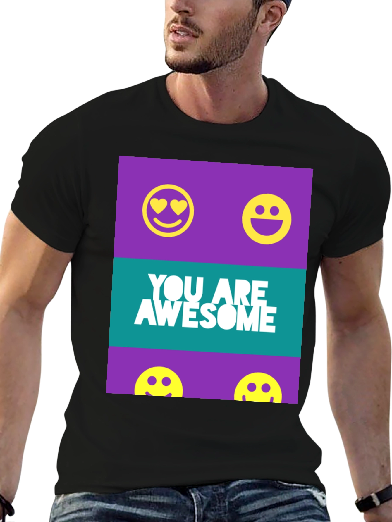 Black Awesome Graphic Tee - Trendy Smiley Face T-Shirt view 6