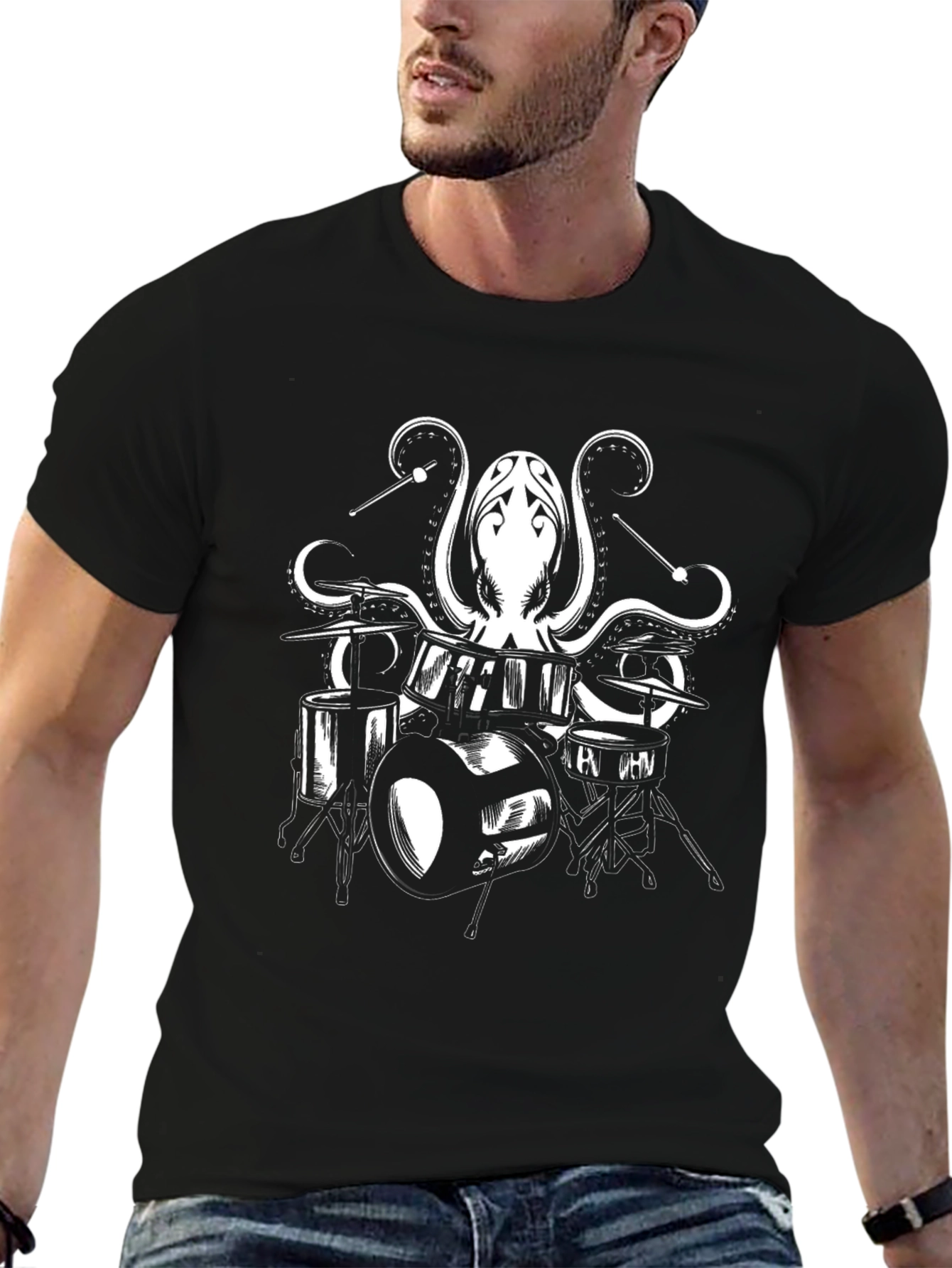 Black Octopus Drummer Graphic Tee - Black Cotton T-Shirt view 6