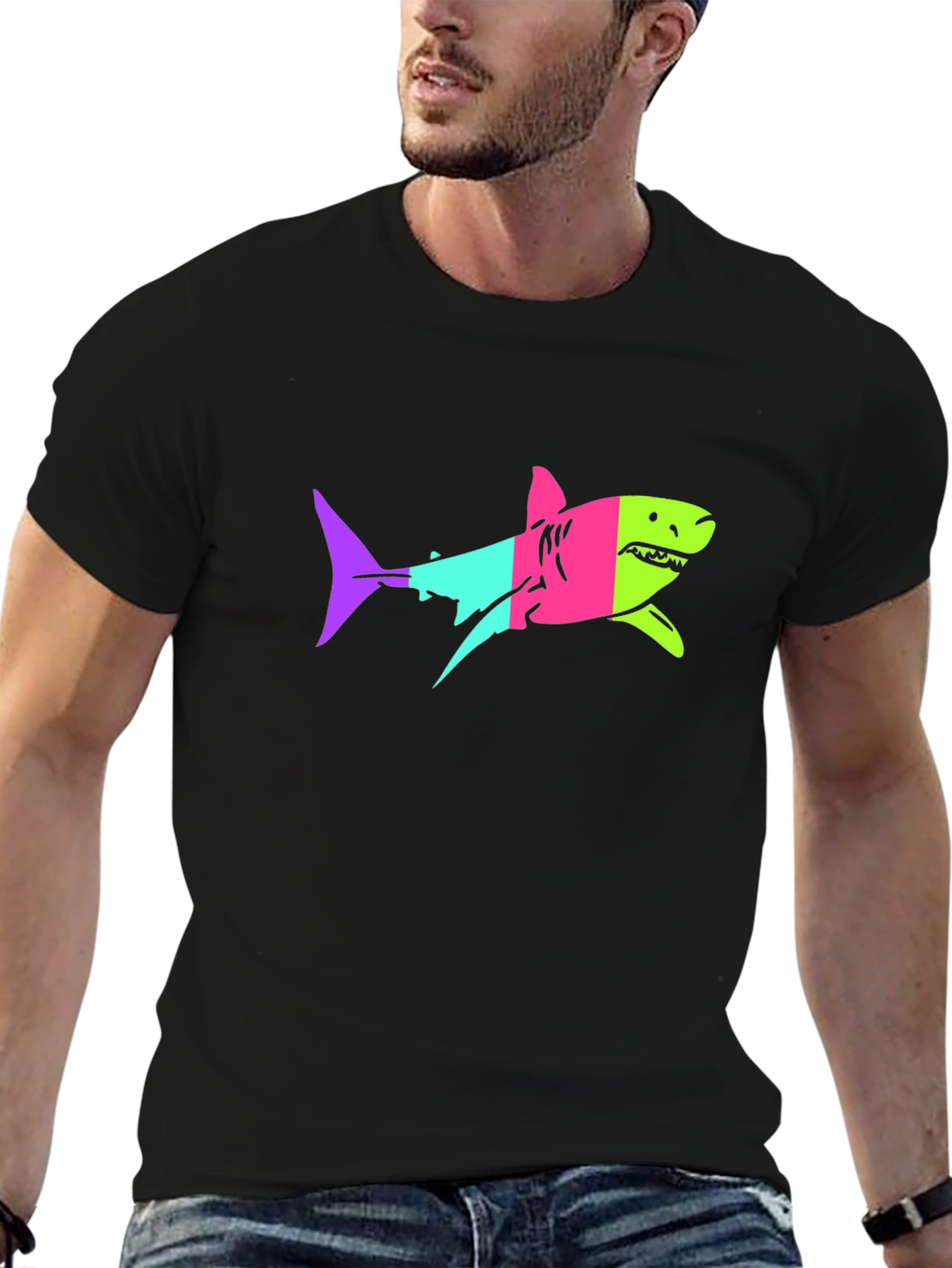 Black Neon Shark Graphic Print Black T-Shirt view 6