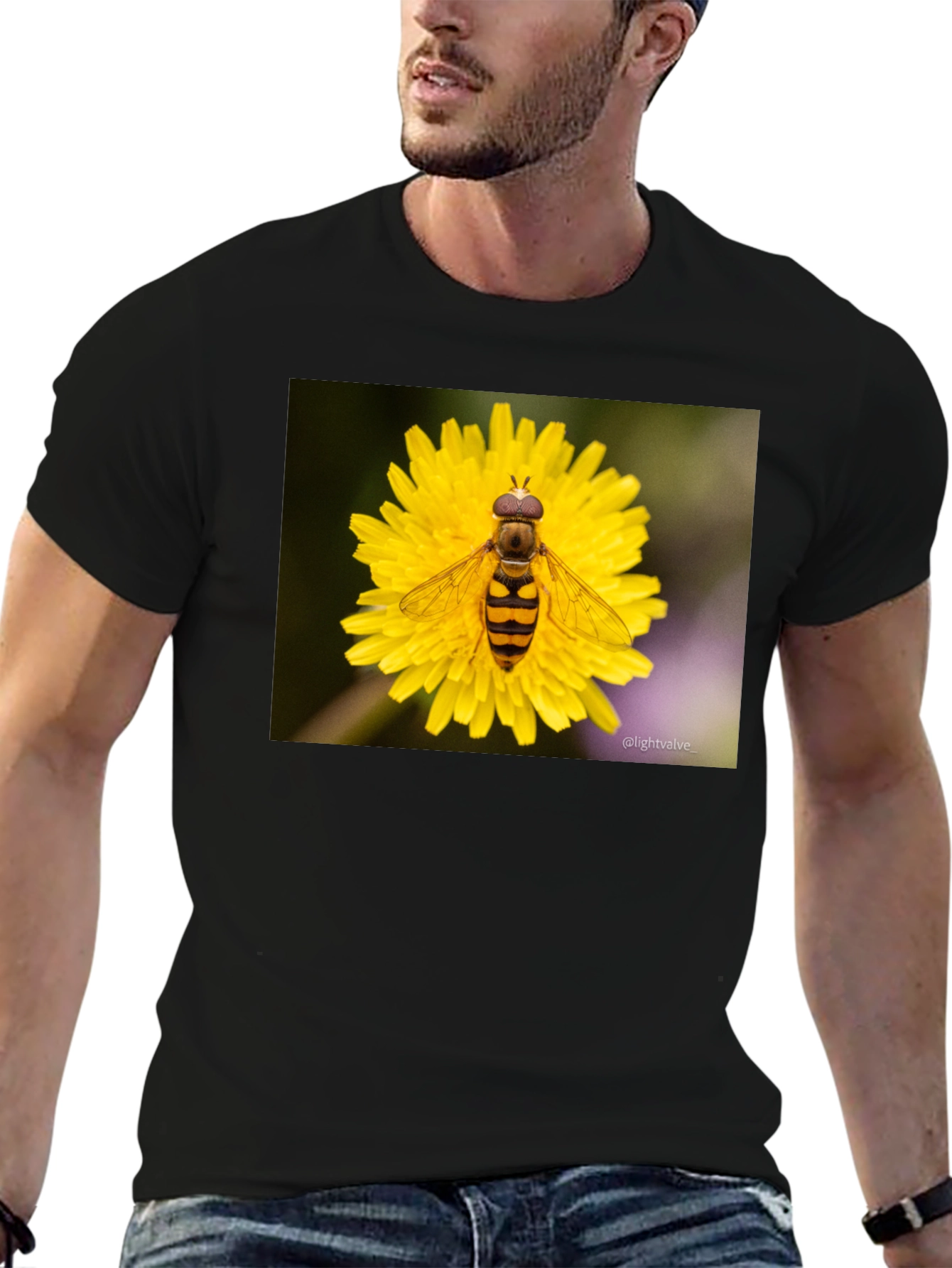 Black Bee on Flower Graphic Tee - Black Cotton T-Shirt view 6