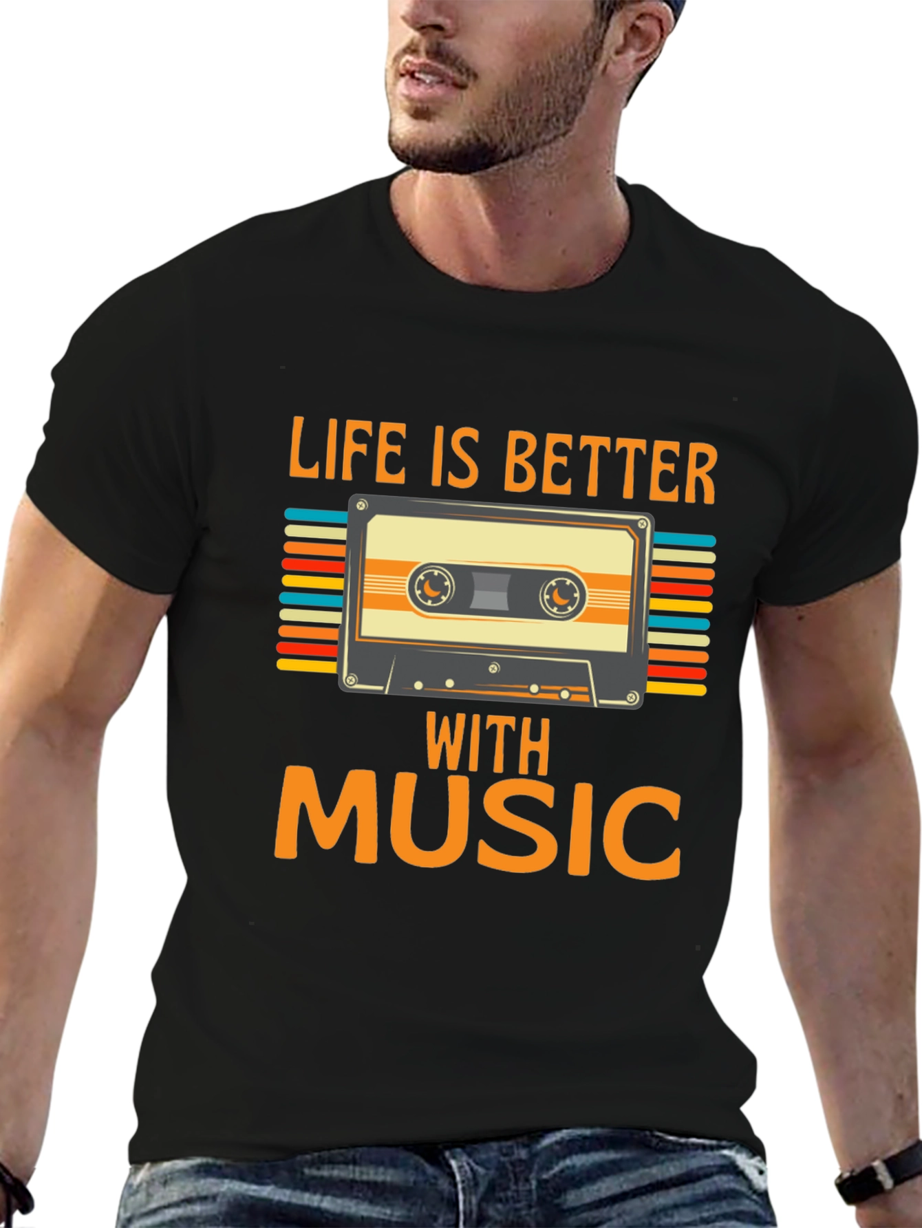 Black Retro Music Cassette T-Shirt - Life is Better With Music view 6