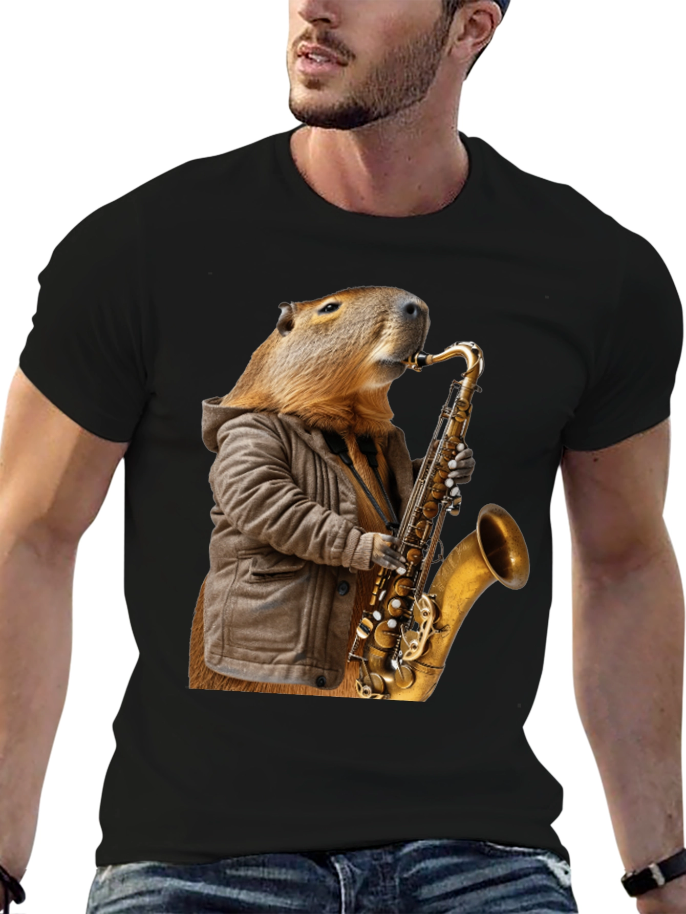 Black Capybara Saxophone T-Shirt view 6