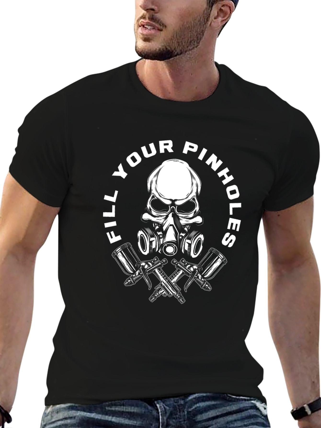 Black Fill Your Pinhole Skull Graphic Black T-Shirt view 6