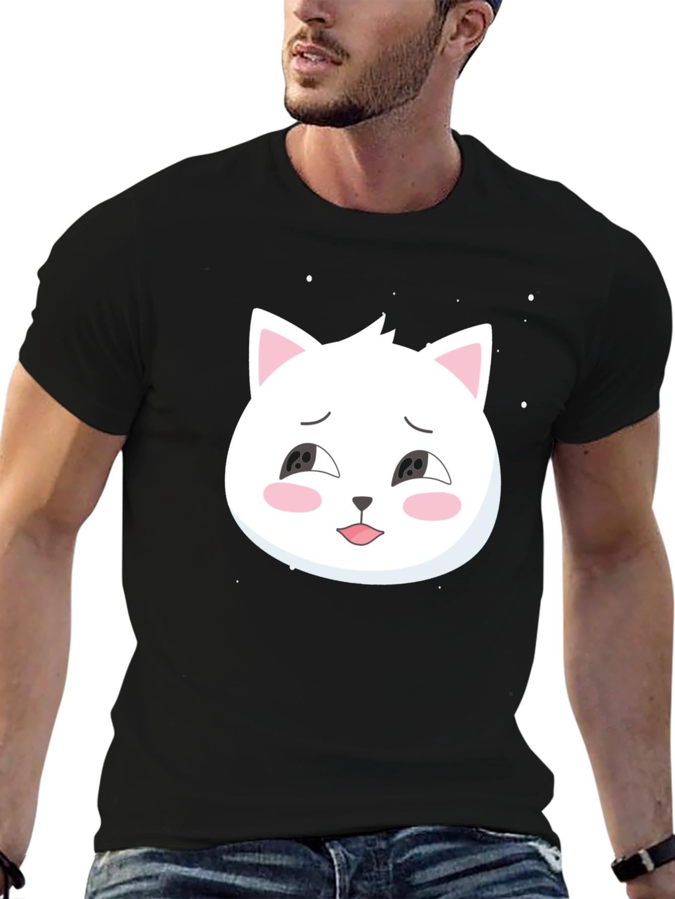 Black Cute Cat Graphic Tee - Black Cotton T-Shirt view 6