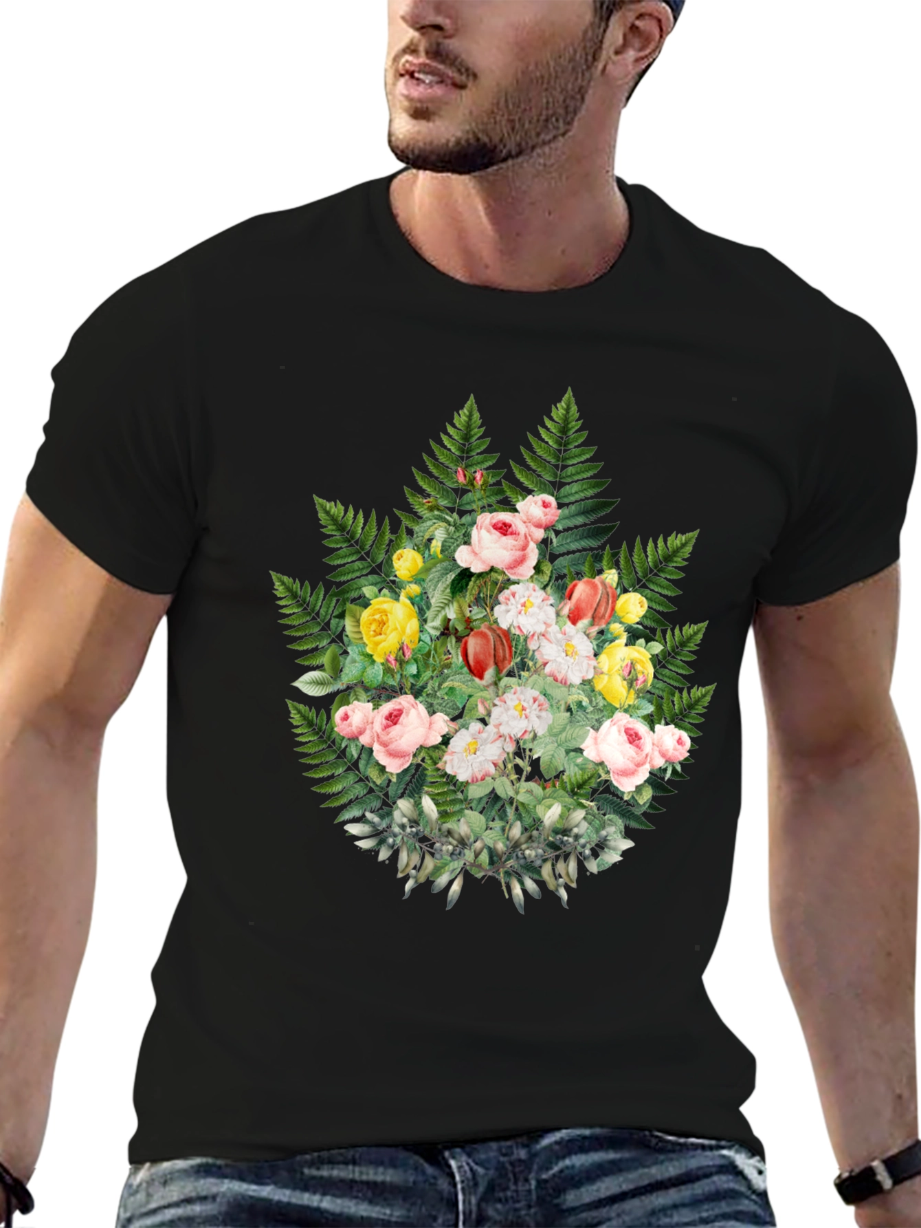 Black Floral Fern Graphic Tee - Stylish Black T-Shirt view 6